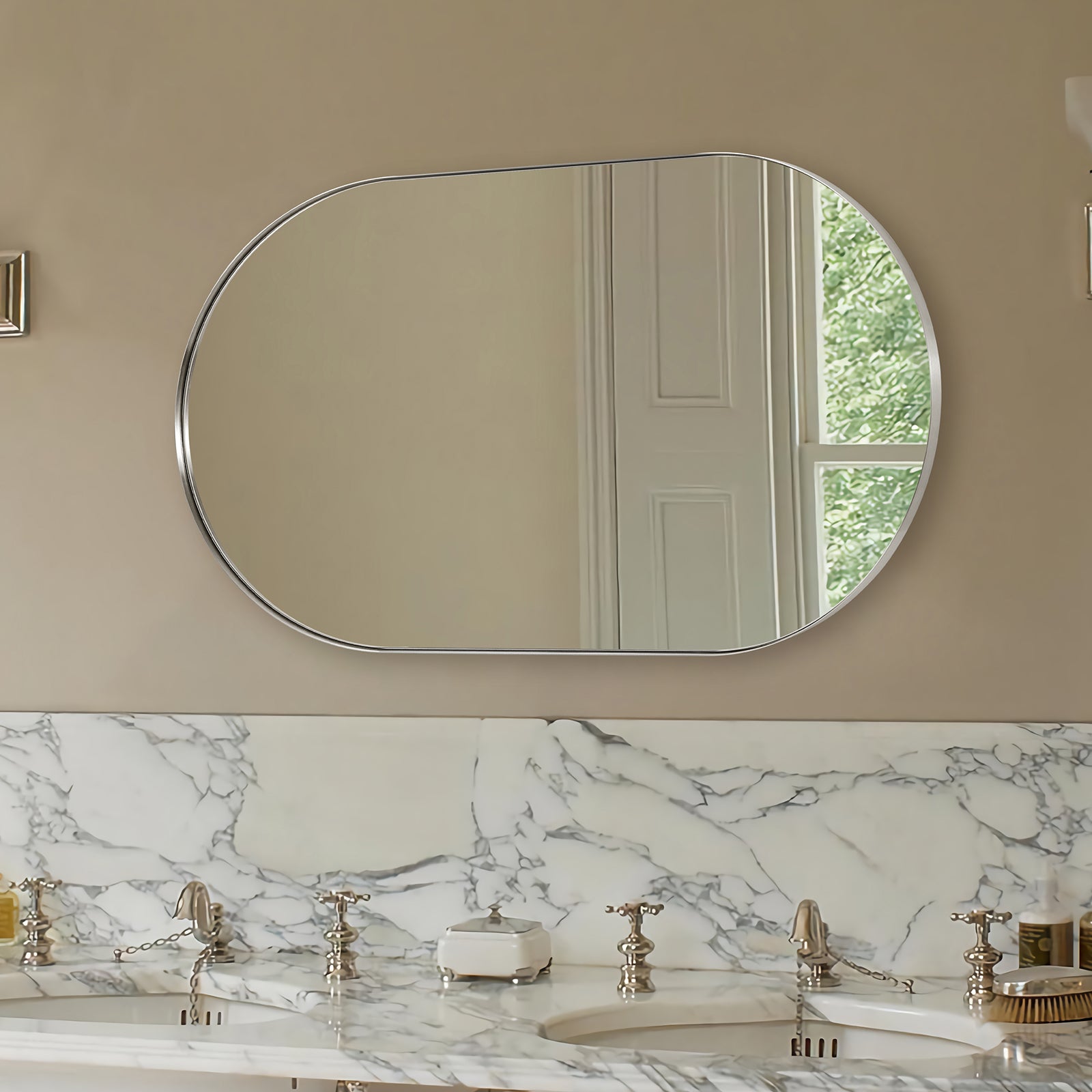 Modern Pill Shaped Capsule Wall Mirrors Long Oval Bathroom Vanity Mirror | Stainless Steel Frame