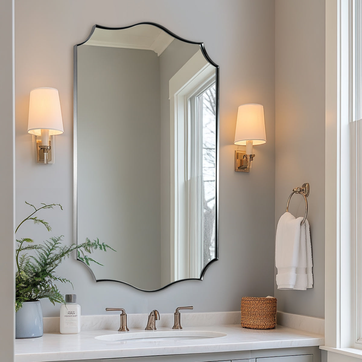 Traditional Rectangle Scalloped Wall Mirror for Bathroom | Stainless Steel Frame