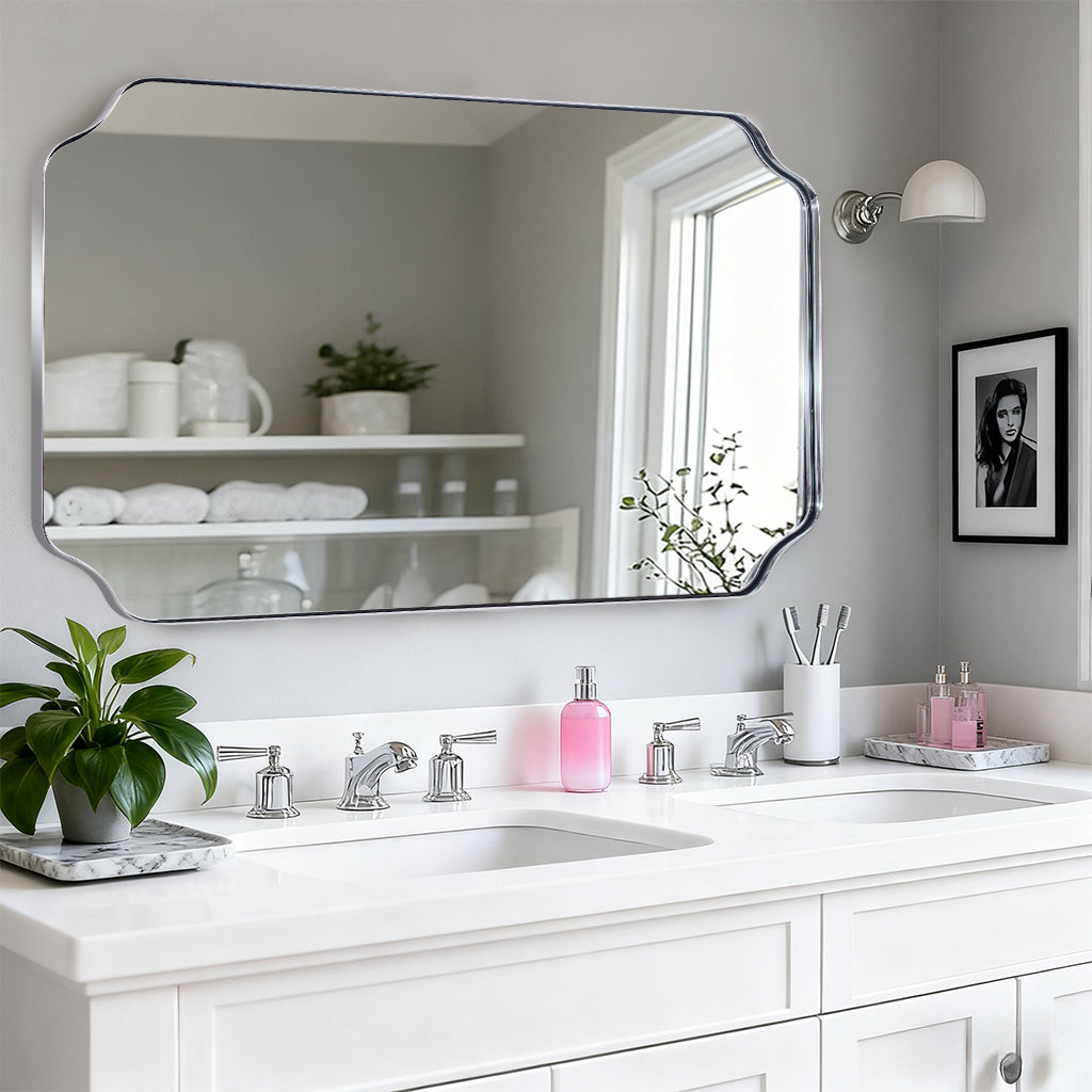 Contemporary Notched Corner Rectangle Scalloped Mirror for Wall /Bathroom | Stainless Steel Frame