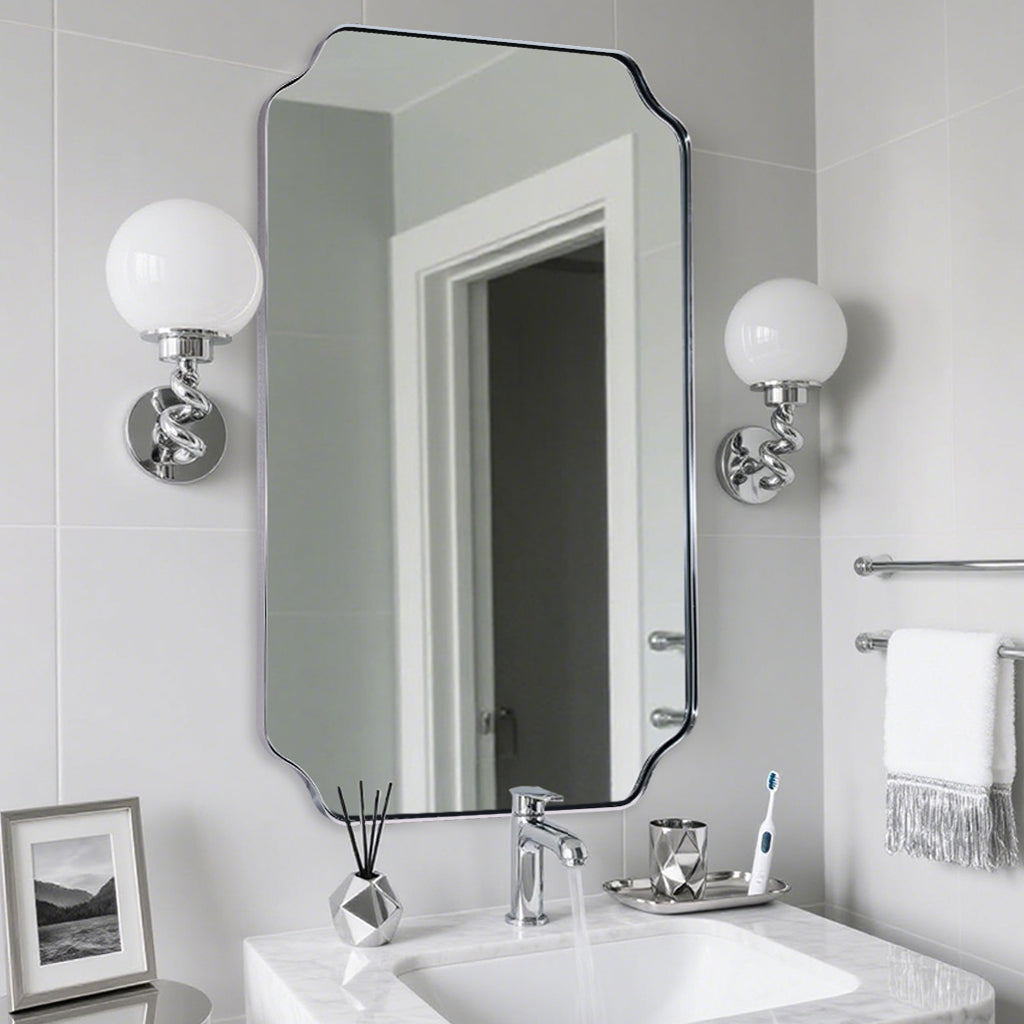 Contemporary Notched Corner Rectangle Scalloped Mirror for Wall /Bathroom | Stainless Steel Frame