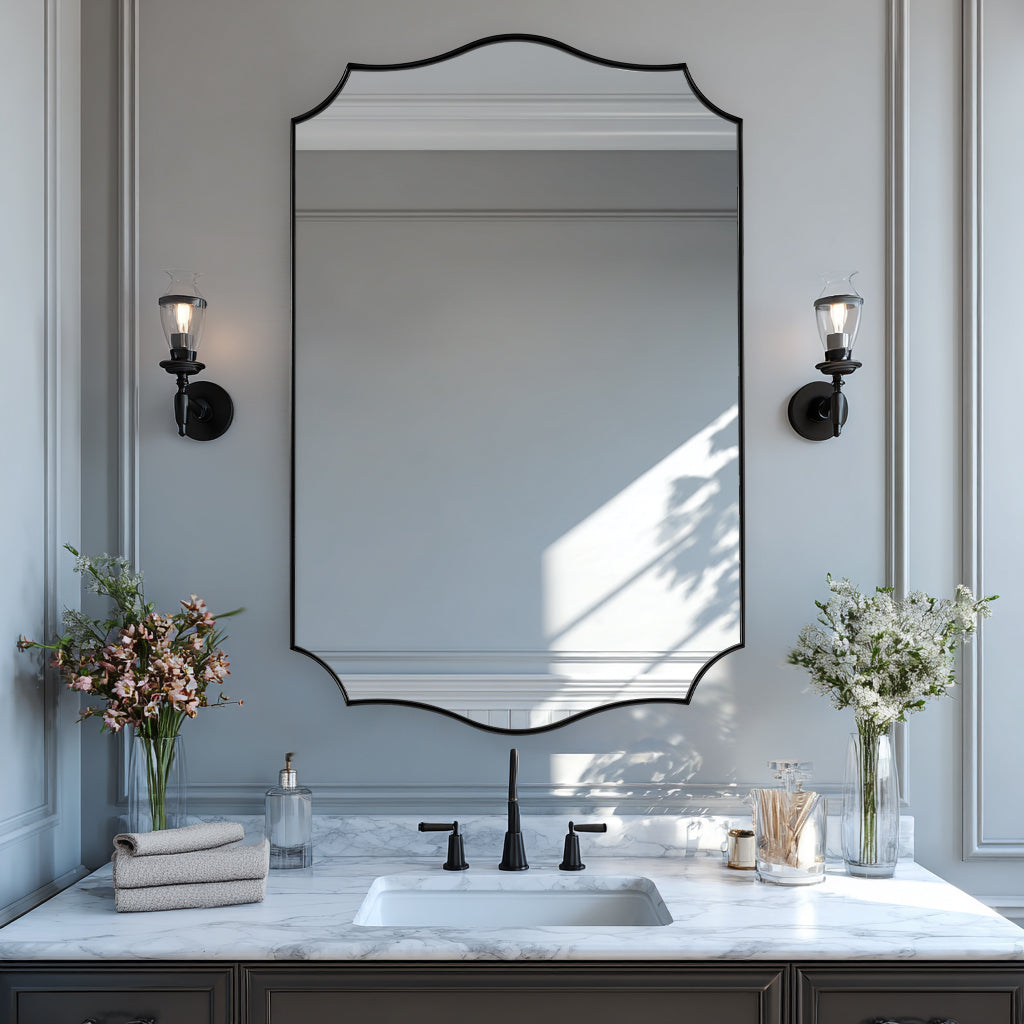 Traditional Rectangle Scalloped Wall Mirror for Bathroom | Stainless Steel Frame