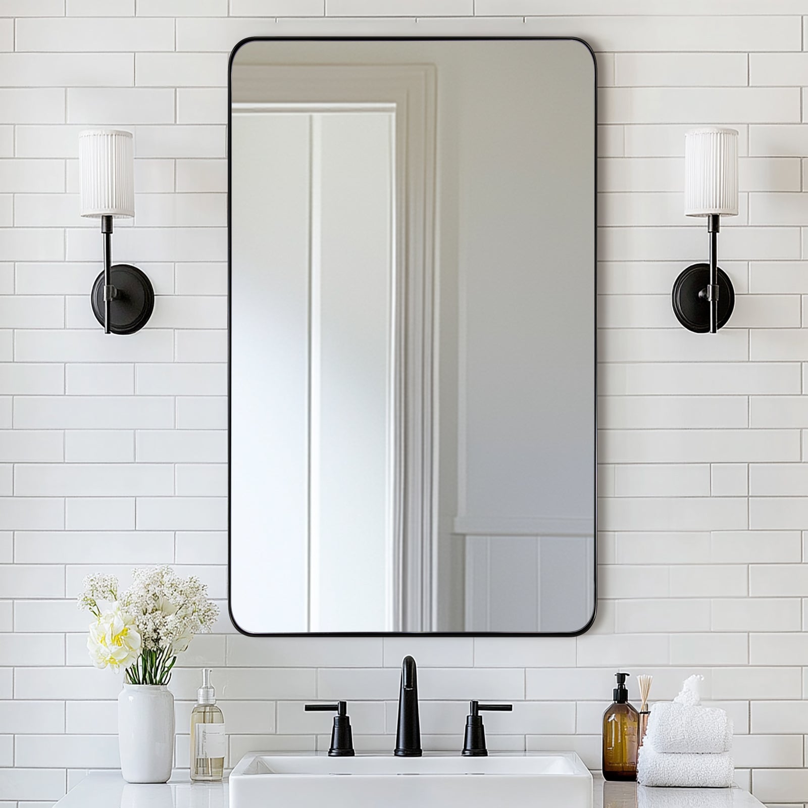 Open Box Like New : Modern Rounded Rectangle Mirror for Bathroom/ Vanity/ Wall | Stainless Steel Frame