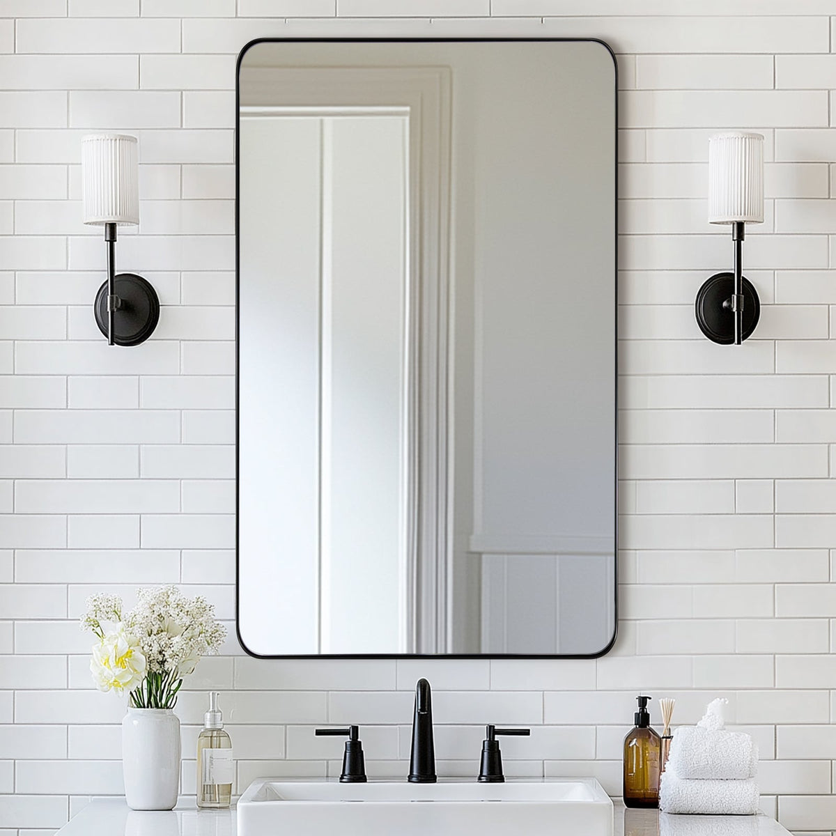 Open Box Like New : Modern Rounded Rectangle Mirror for Bathroom/ Vanity/ Wall | Stainless Steel Frame