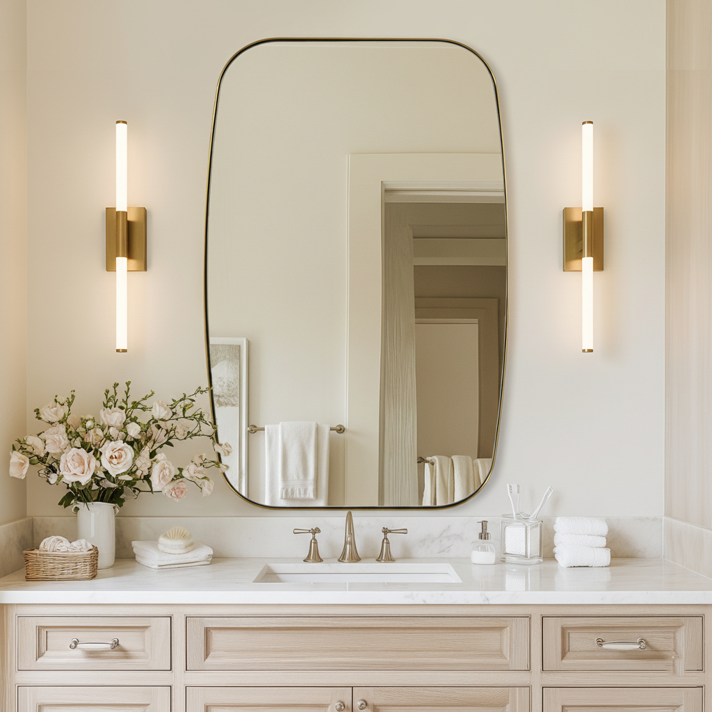 Modern Oblong Bathroom Mirror Long Oval Mirror | Stainless Steel Frame