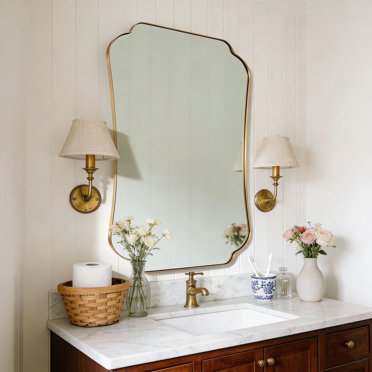 Contemporary Cut Corner Concave Edge Scalloped Bathroom Mirror | Stainless Steel Frame