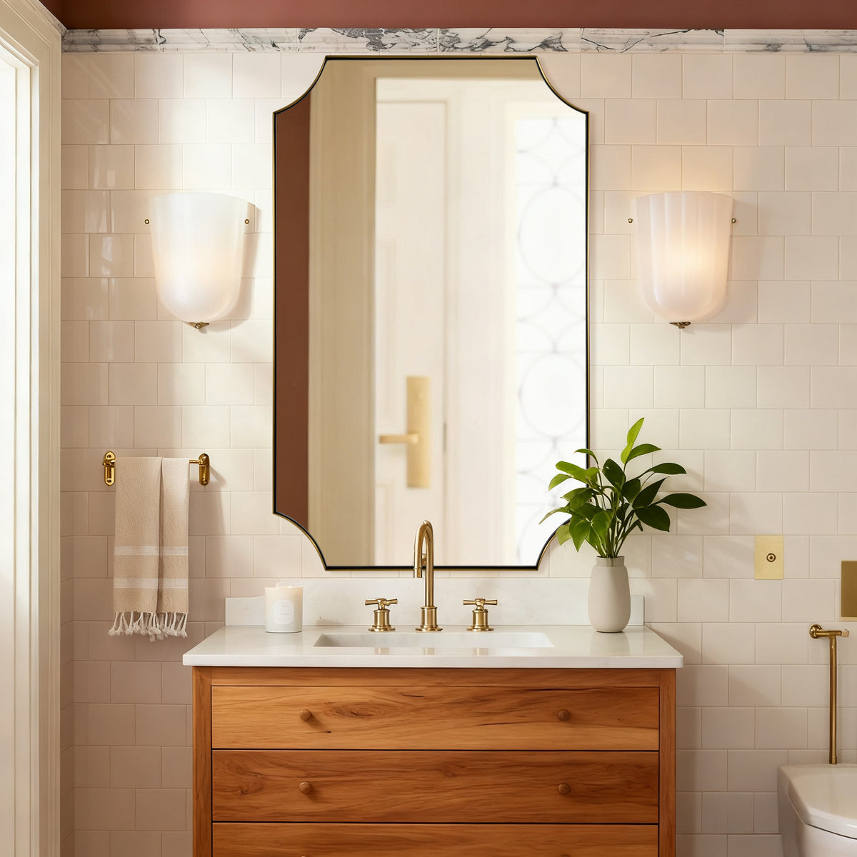 Modern Cut Corner Scalloped Rectangle Bathroom Vanity Mirror | Stainless Steel Frame