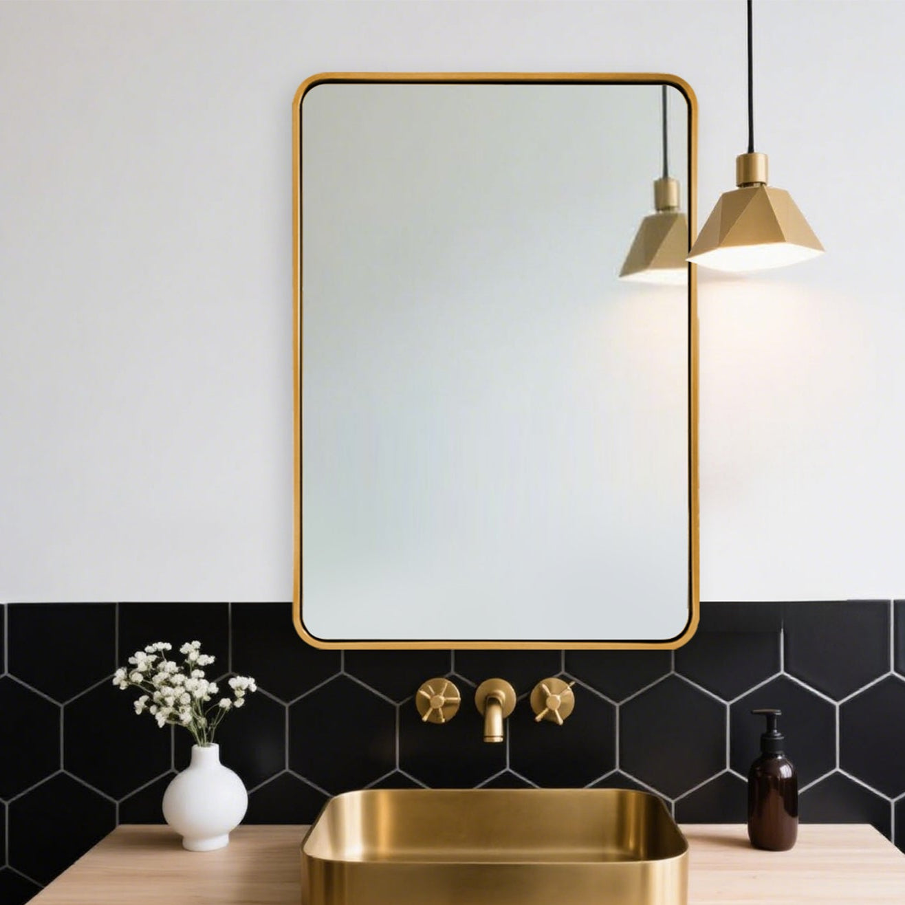 Modern Bold Stainless Steel Framed Rounded Rectangular Bathroom Wall Mirror