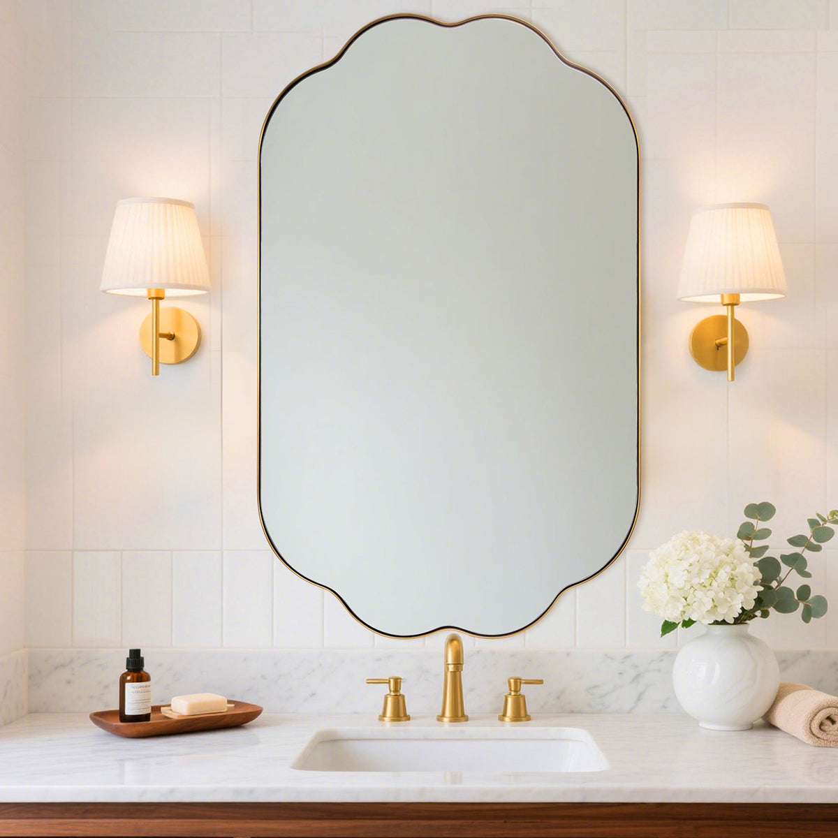 Contemporary Pill Shaped Long Oval Scalloped Bathroom Vanity Wall Mirror| Stainless Steel Framed