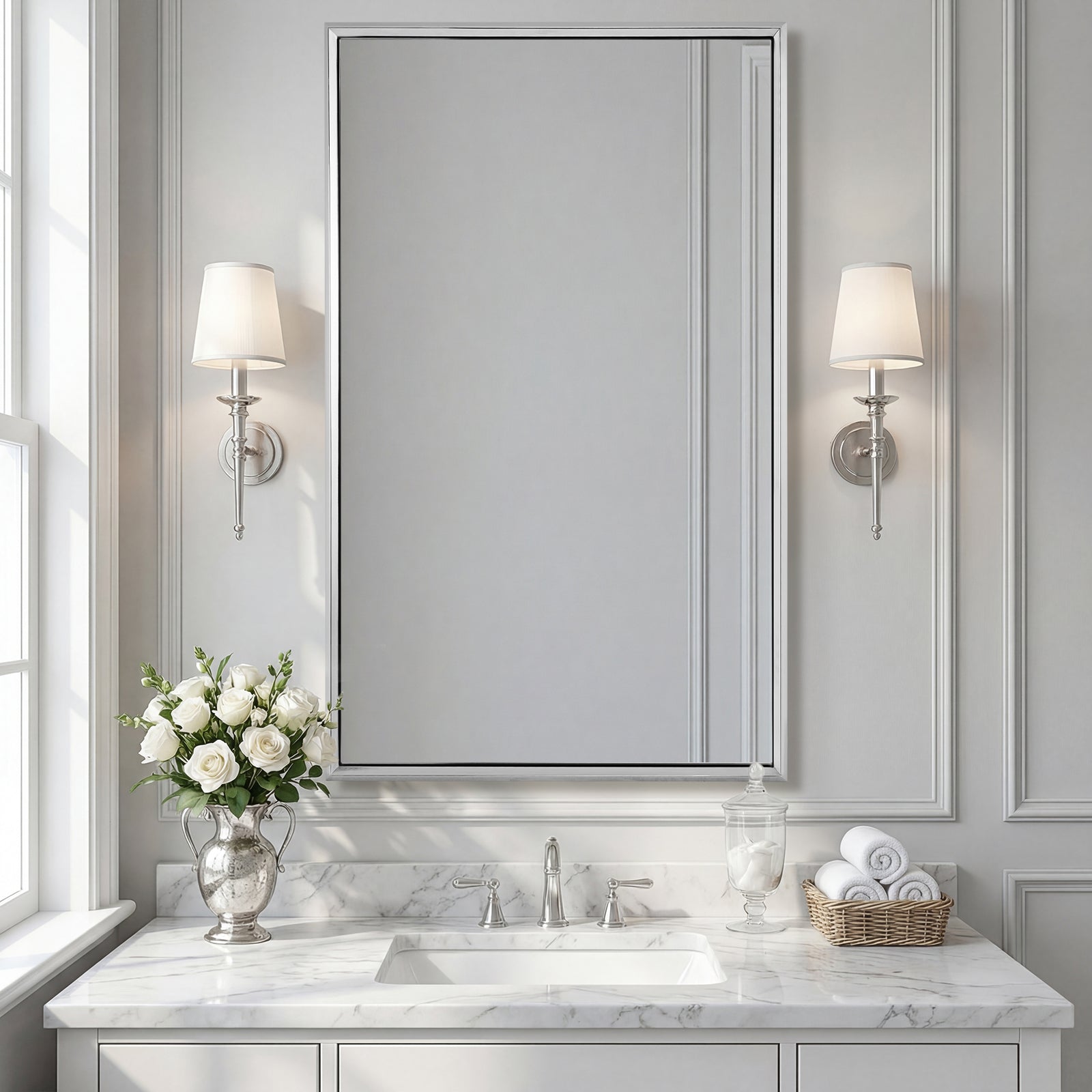 Luxury Beveled Stainless Steel Framed Rectangular Bathroom Vanity Mirror