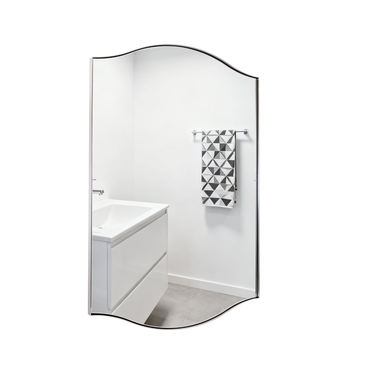 Dual Curve Arch Rectangular Scalloped Bathroom Wall Mirror |Stainless Steel Framed