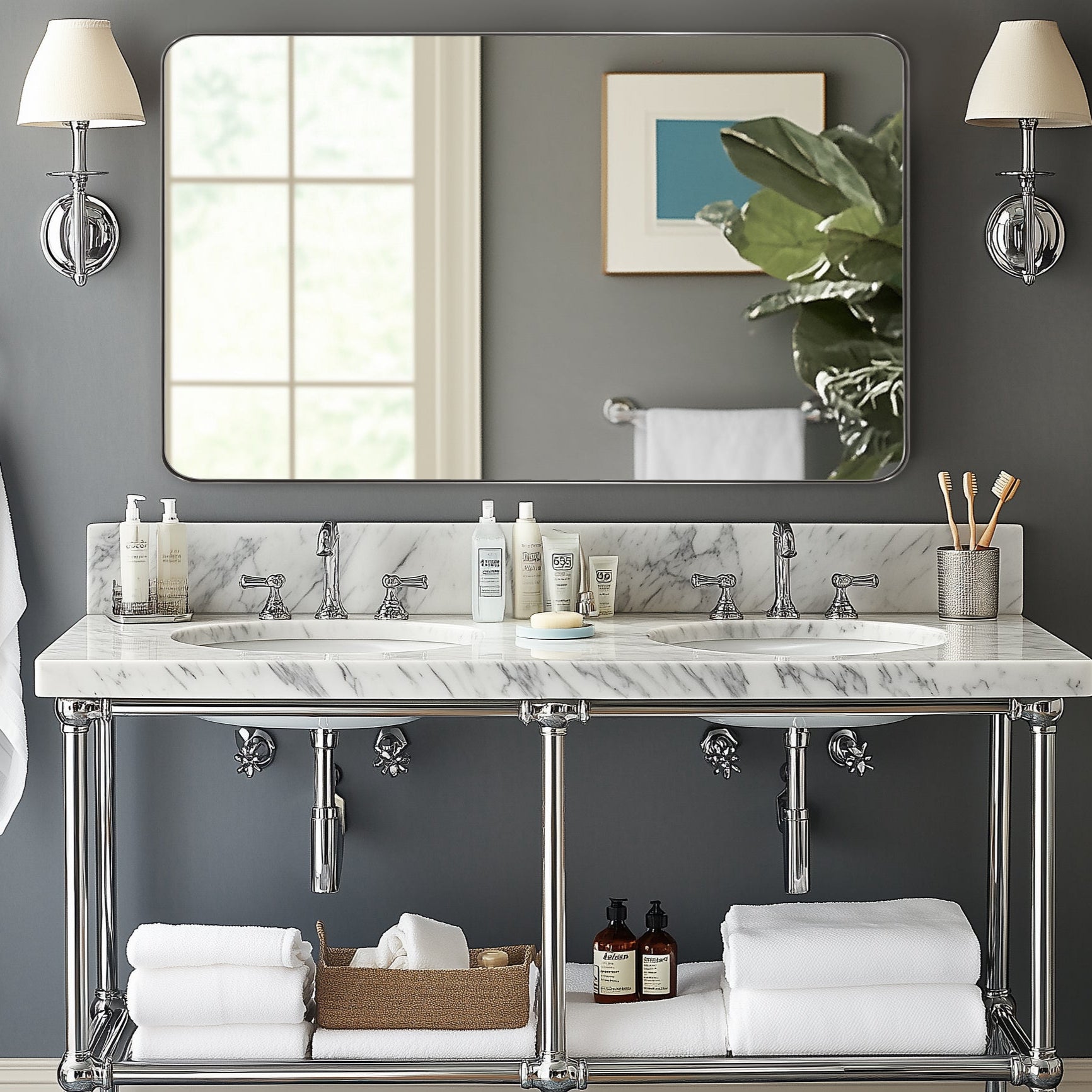 Modern Rounded Rectangle Mirror for Bathroom/ Vanity/ Wall | Stainless Steel Frame