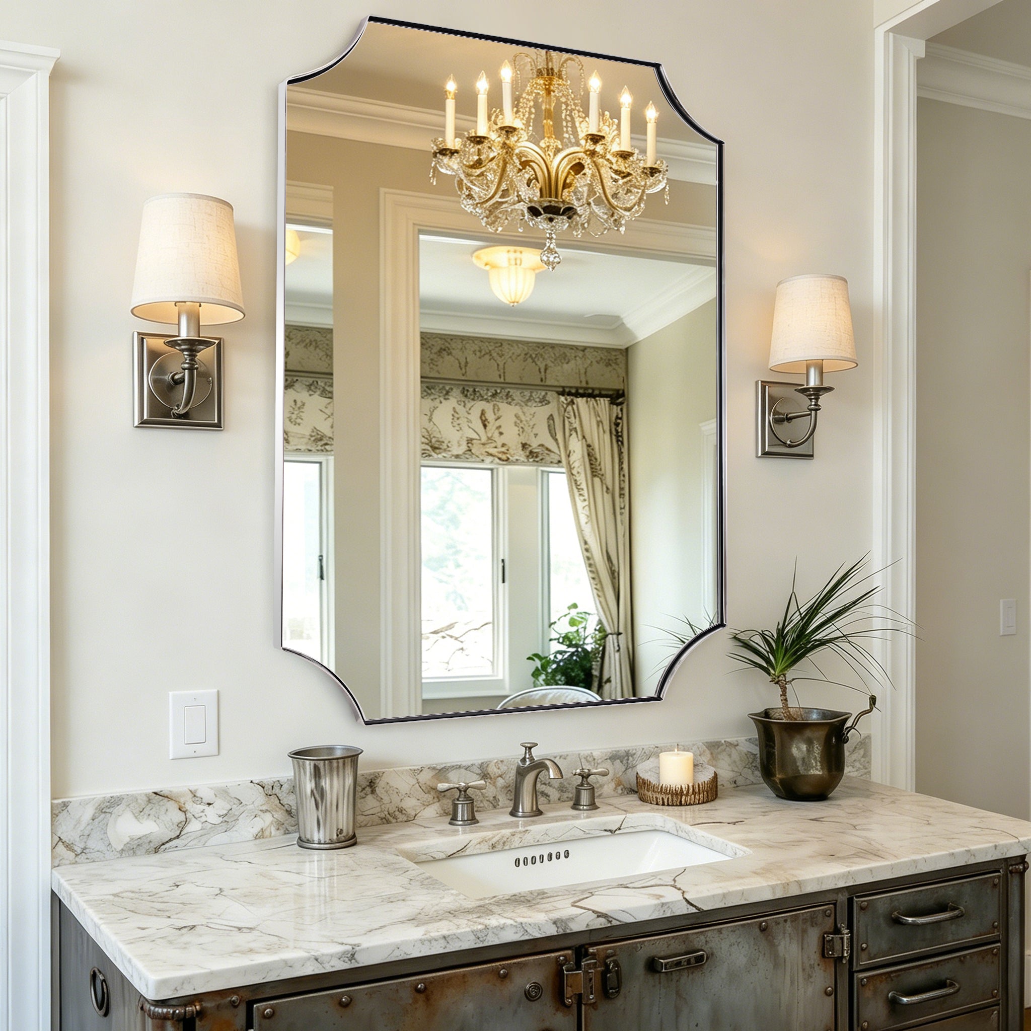 Contemporary Notched Corner Scalloped Rectangle Bathroom Vanity Mirror | Stainless Steel Frame