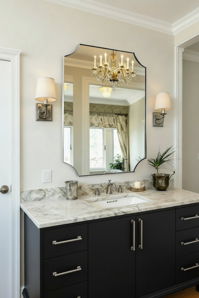 Contemporary Notched Corner Scalloped Rectangle Bathroom Vanity Mirror | Stainless Steel Frame
