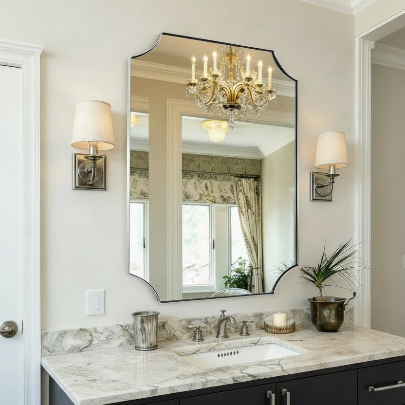 Modern Cut Corner Scalloped Rectangle Bathroom Vanity Mirror | Stainless Steel Frame
