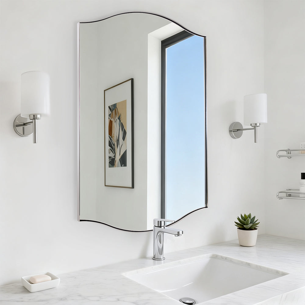 Dual Curve Arch Rectangular Scalloped Bathroom Wall Mirror |Stainless Steel Framed