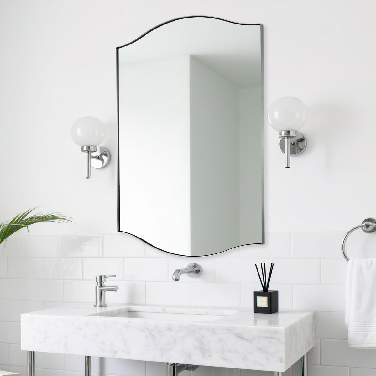 Dual Curve Arch Rectangular Scalloped Bathroom Wall Mirror |Stainless Steel Framed