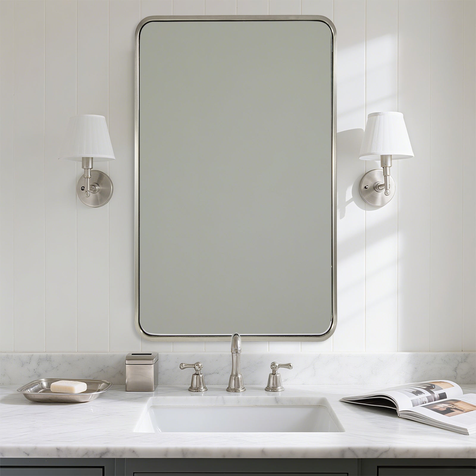 Modern Bold Stainless Steel Framed Rounded Rectangular Bathroom Wall Mirror
