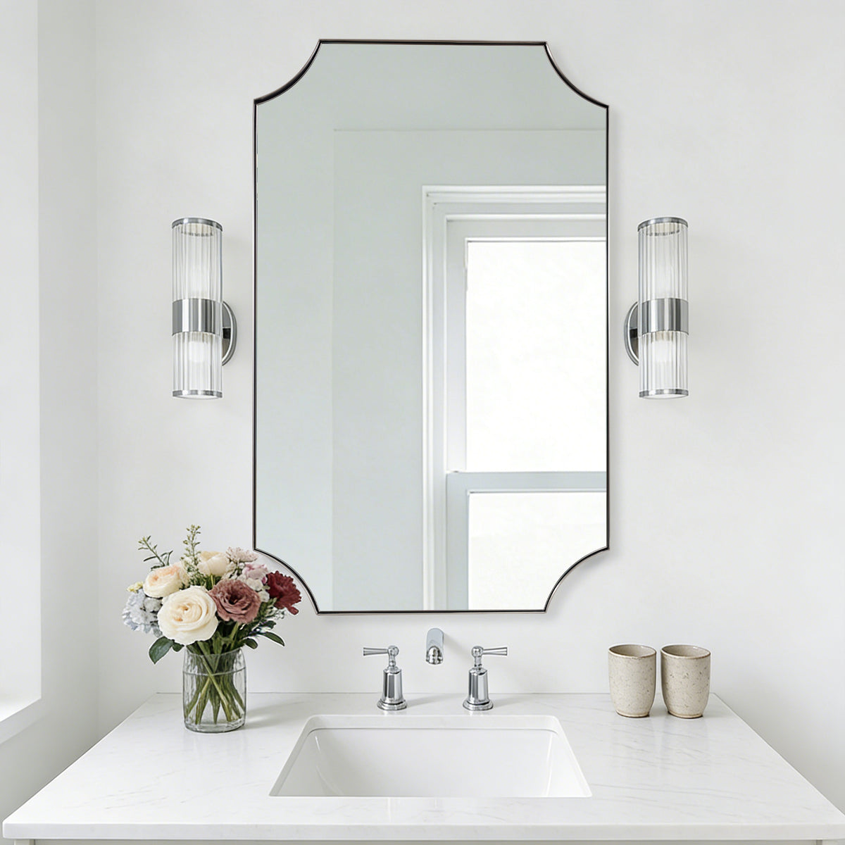 Modern Cut Corner Scalloped Rectangle Bathroom Vanity Mirror | Stainless Steel Frame