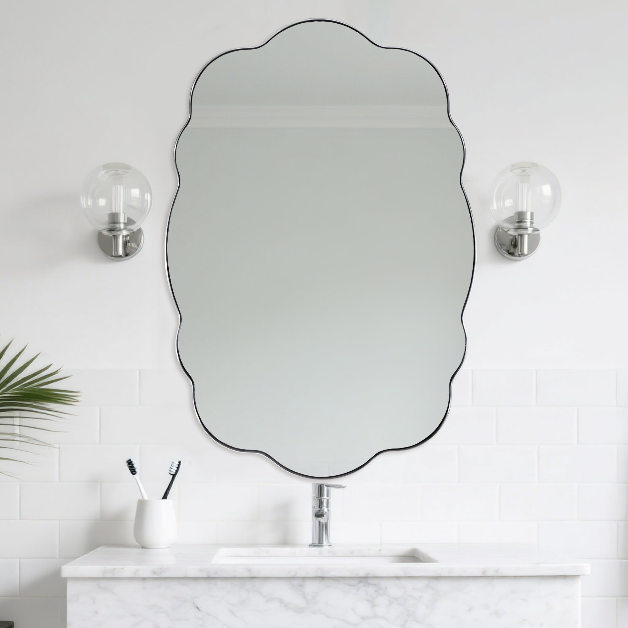 Contemporary Wavy Oval Scalloped Bathroom Vanity Mirror Irregular Decorative Mirror| Stainless Steel Framed