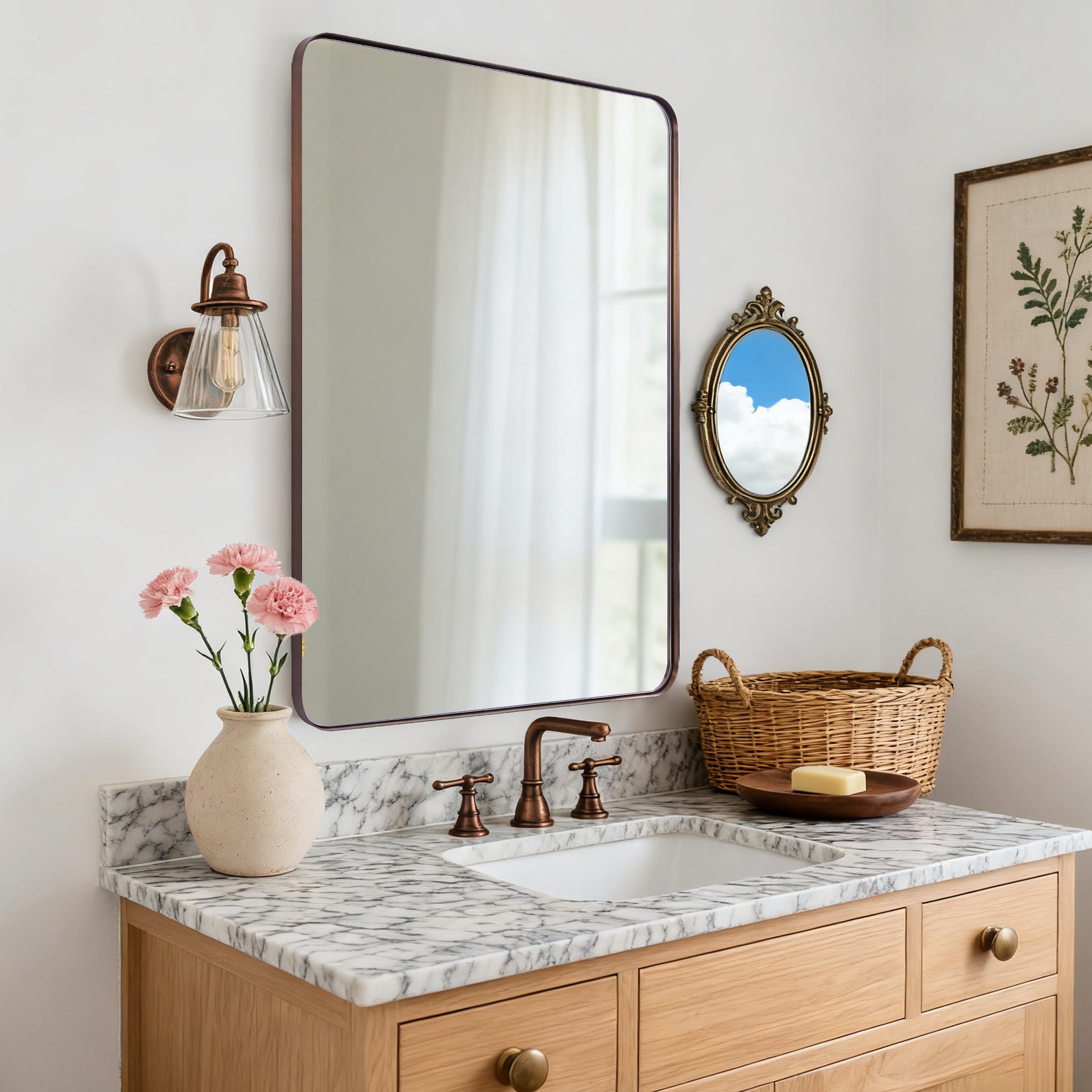 Open Box Like New : Modern Rounded Rectangle Mirror for Bathroom/ Vanity/ Wall | Stainless Steel Frame