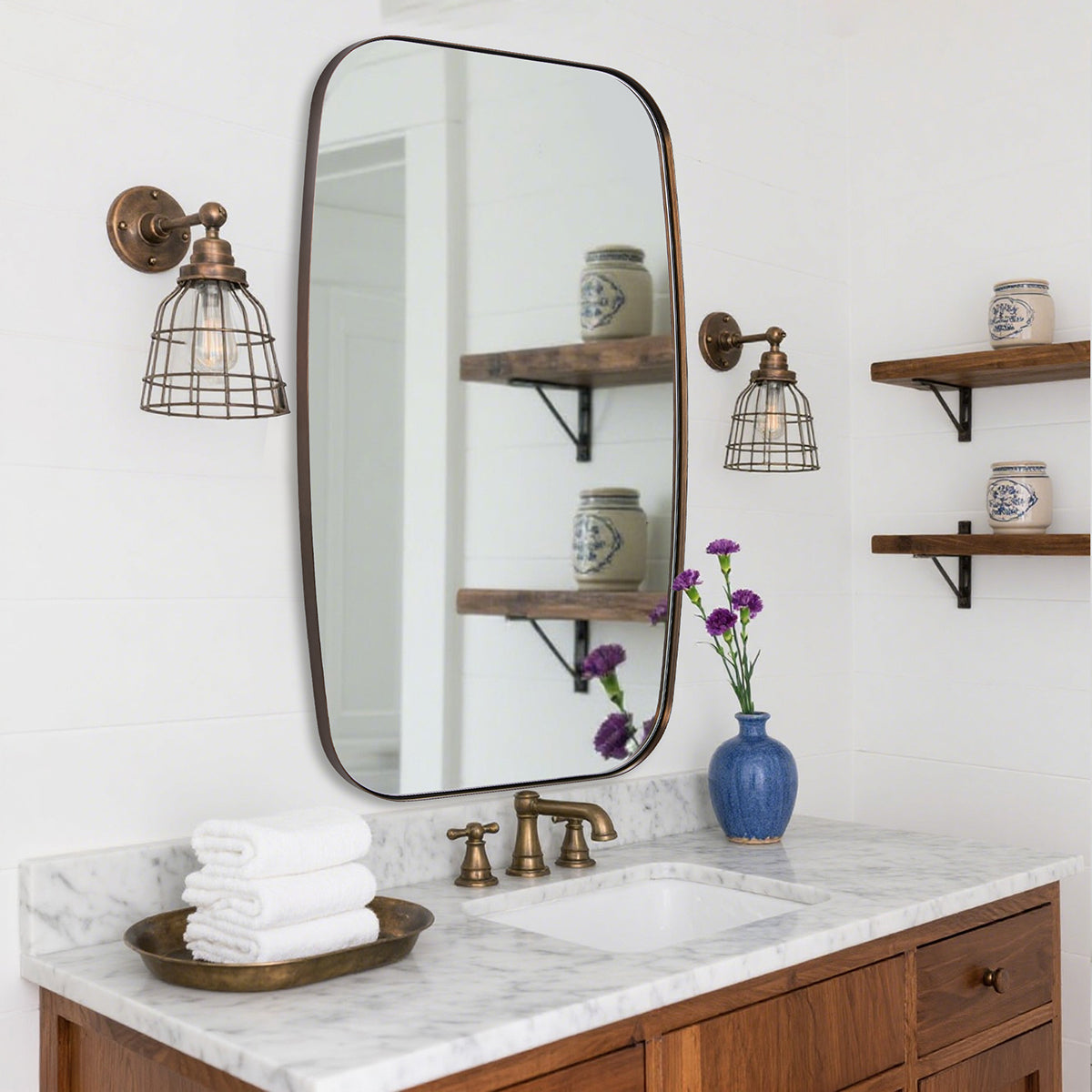 Modern Oblong Bathroom Mirror Long Oval Mirror | Stainless Steel Frame