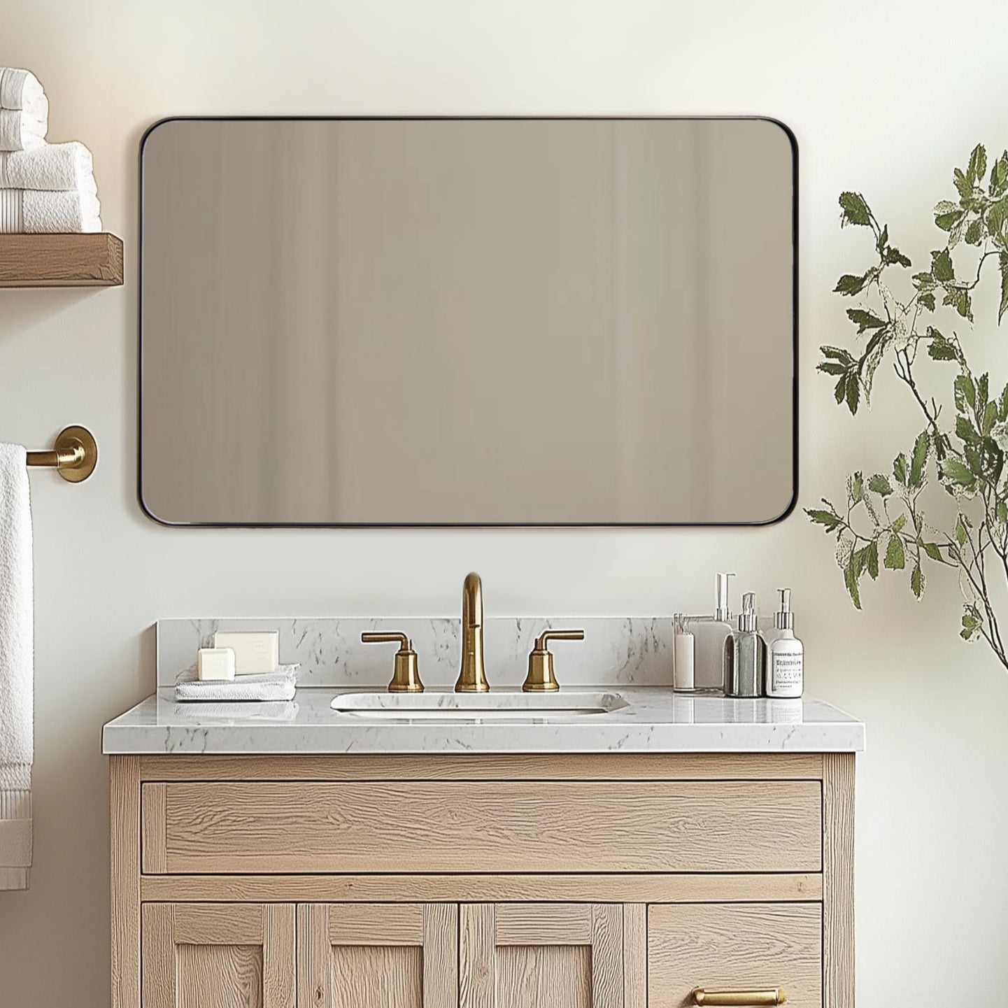 Open Box Like New : Modern Rounded Rectangle Mirror for Bathroom/ Vanity/ Wall | Stainless Steel Frame