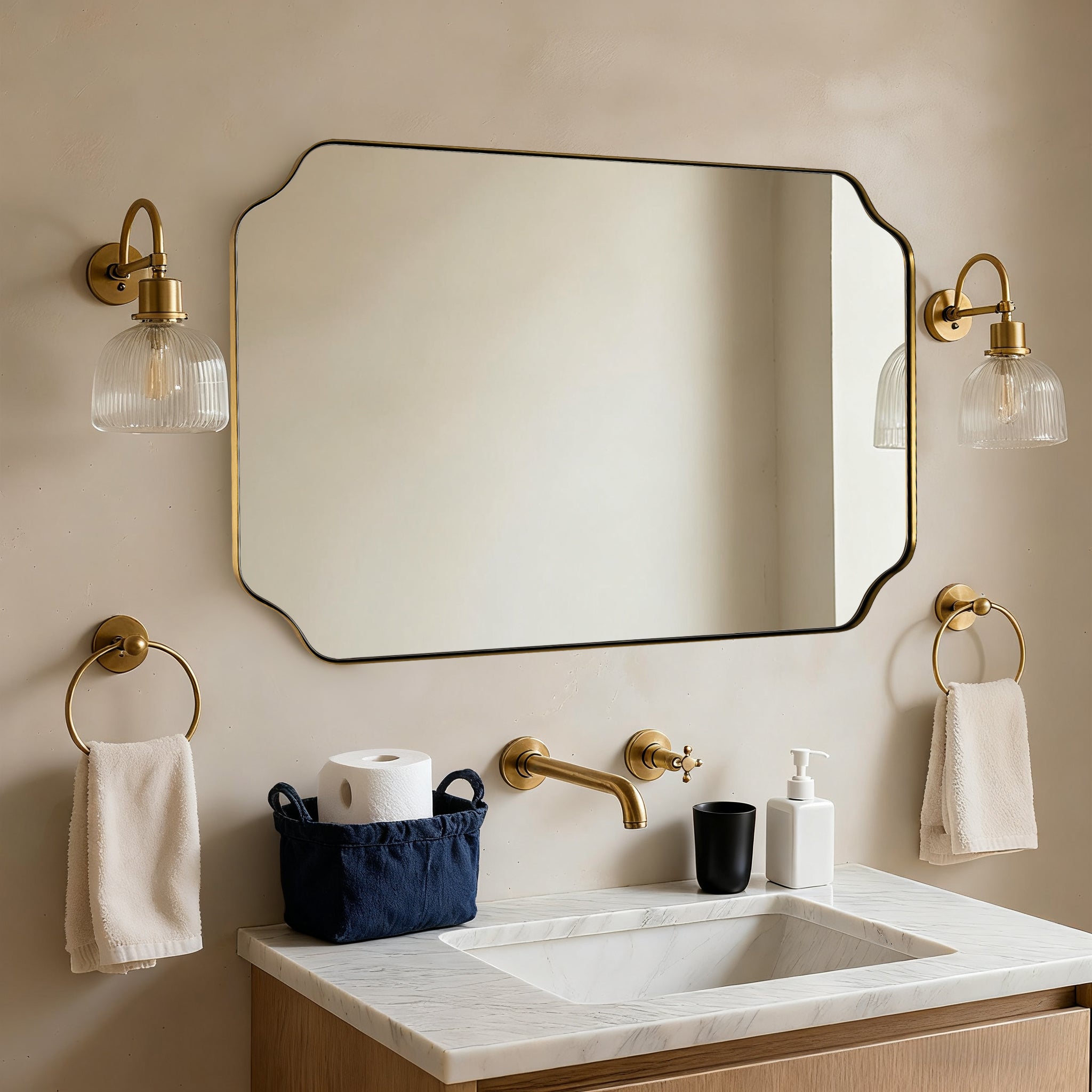 Contemporary Notched Corner Rectangle Scalloped Mirror for Wall /Bathroom | Stainless Steel Frame