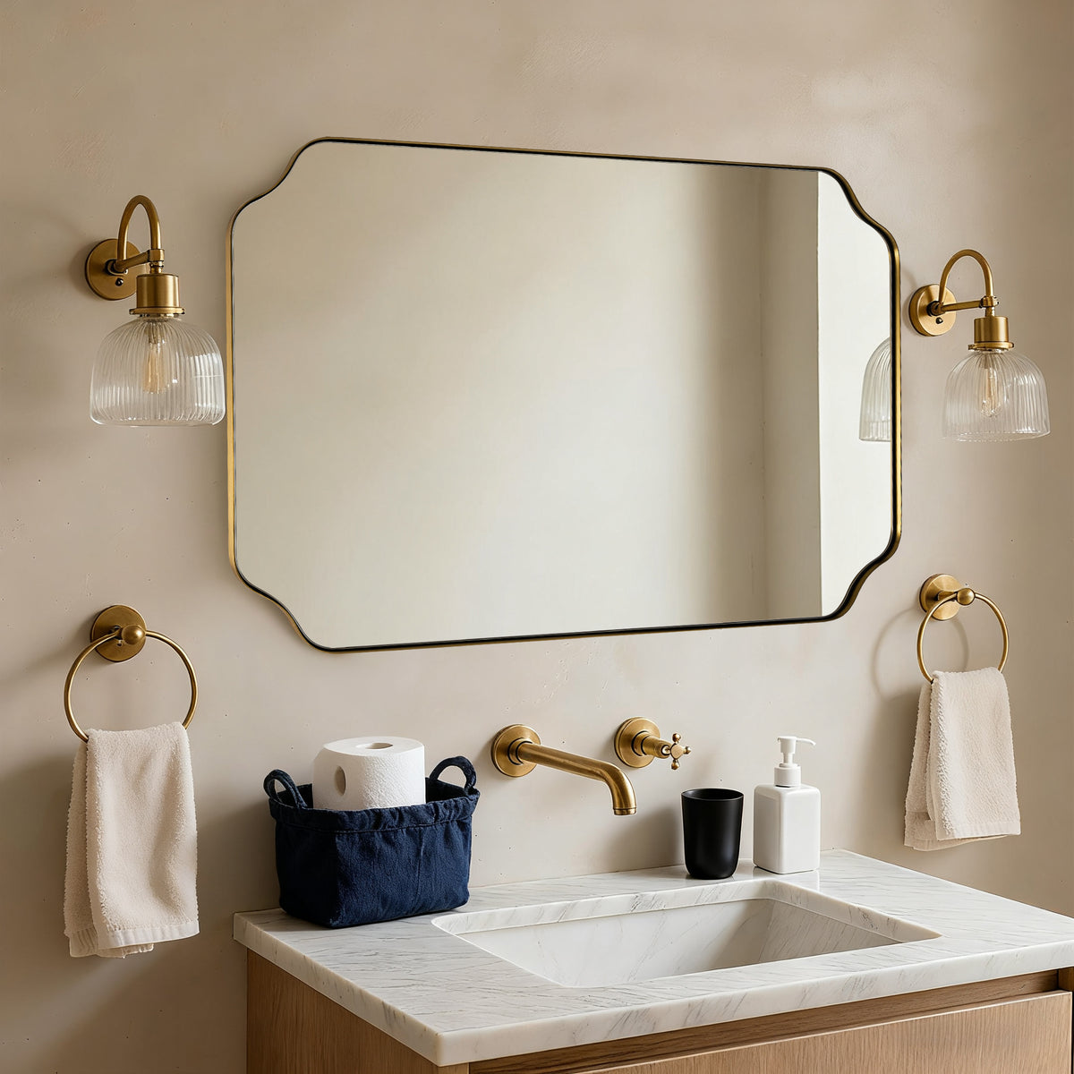 Modern Cut Corner Rectangle Scalloped Mirror for Wall /Bathroom | Stainless Steel Frame