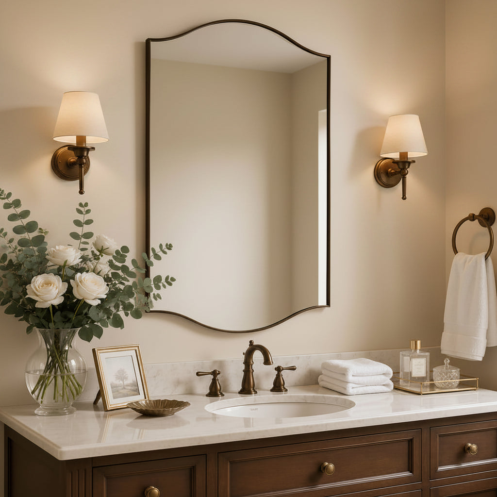 Dual Curve Arch Rectangular Scalloped Bathroom Wall Mirror |Stainless Steel Framed