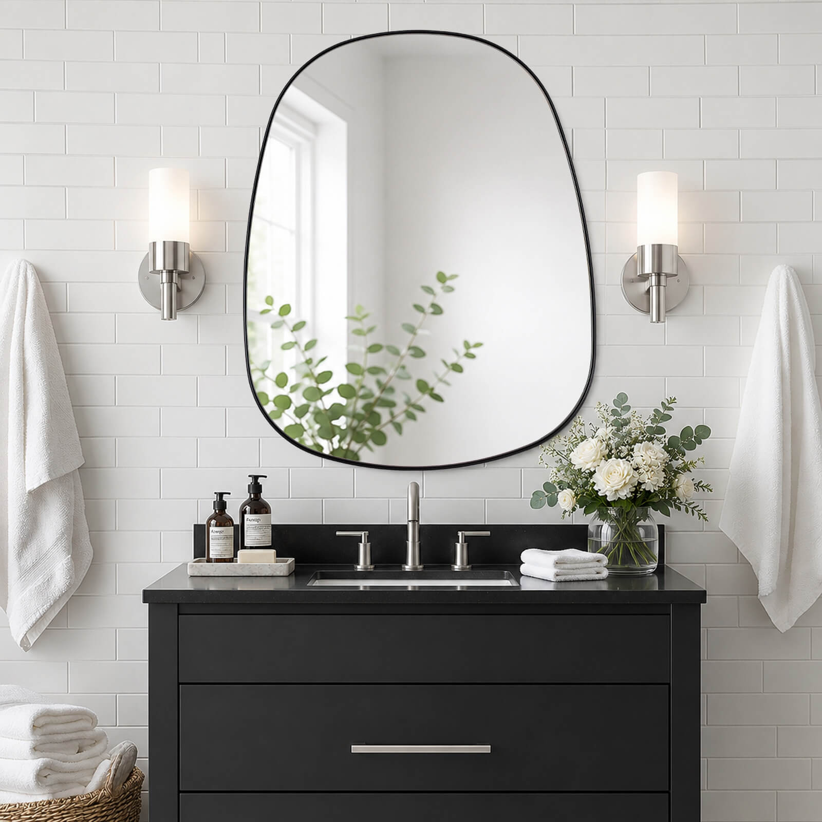Contemporary Irregular Organic Bathroom Wall Mirror Asymmetric Decorative Mirror | Stainless Steel Frame