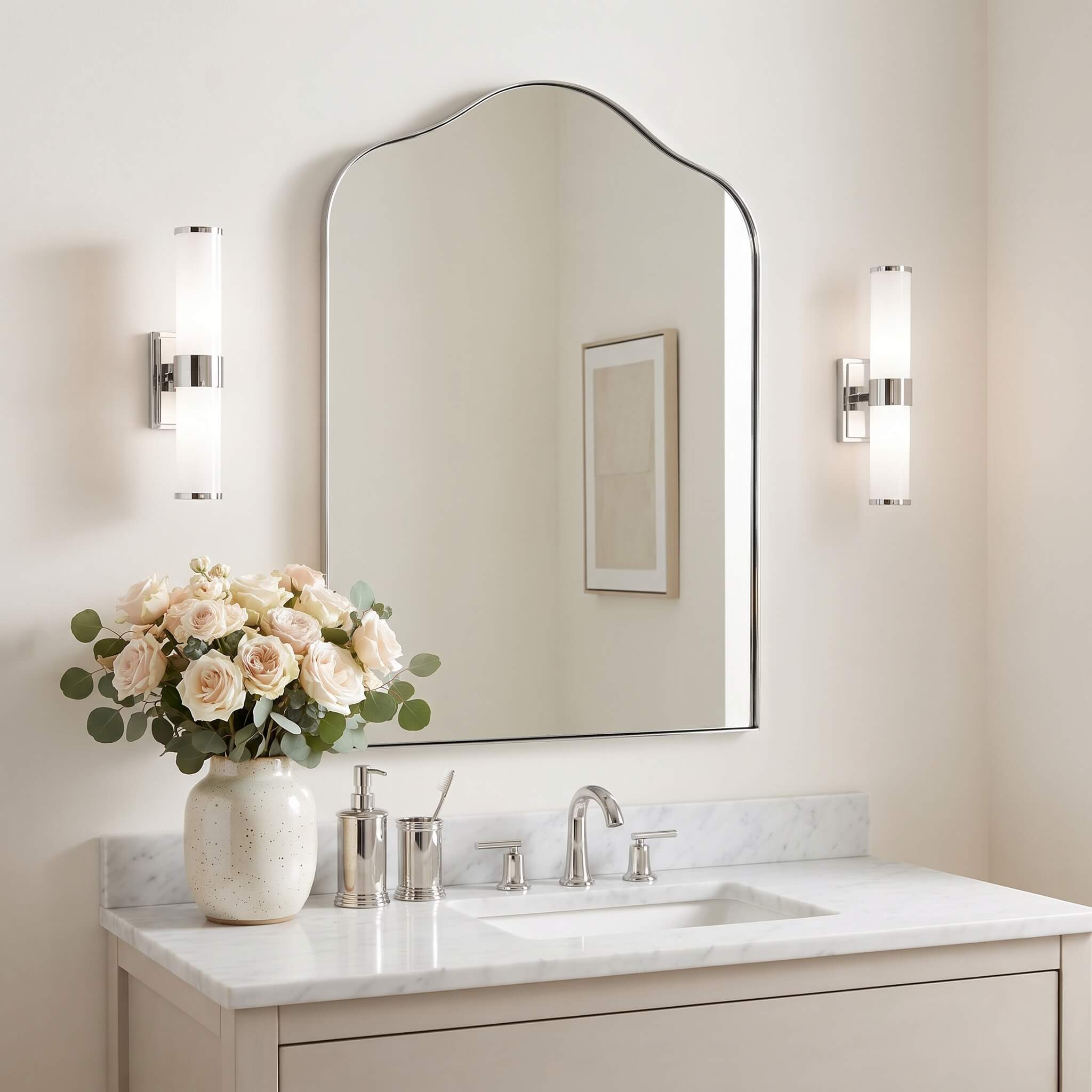 Contemporary Arched Scalloped Bathroom Vanity Mirror | Stainless Steel Frame