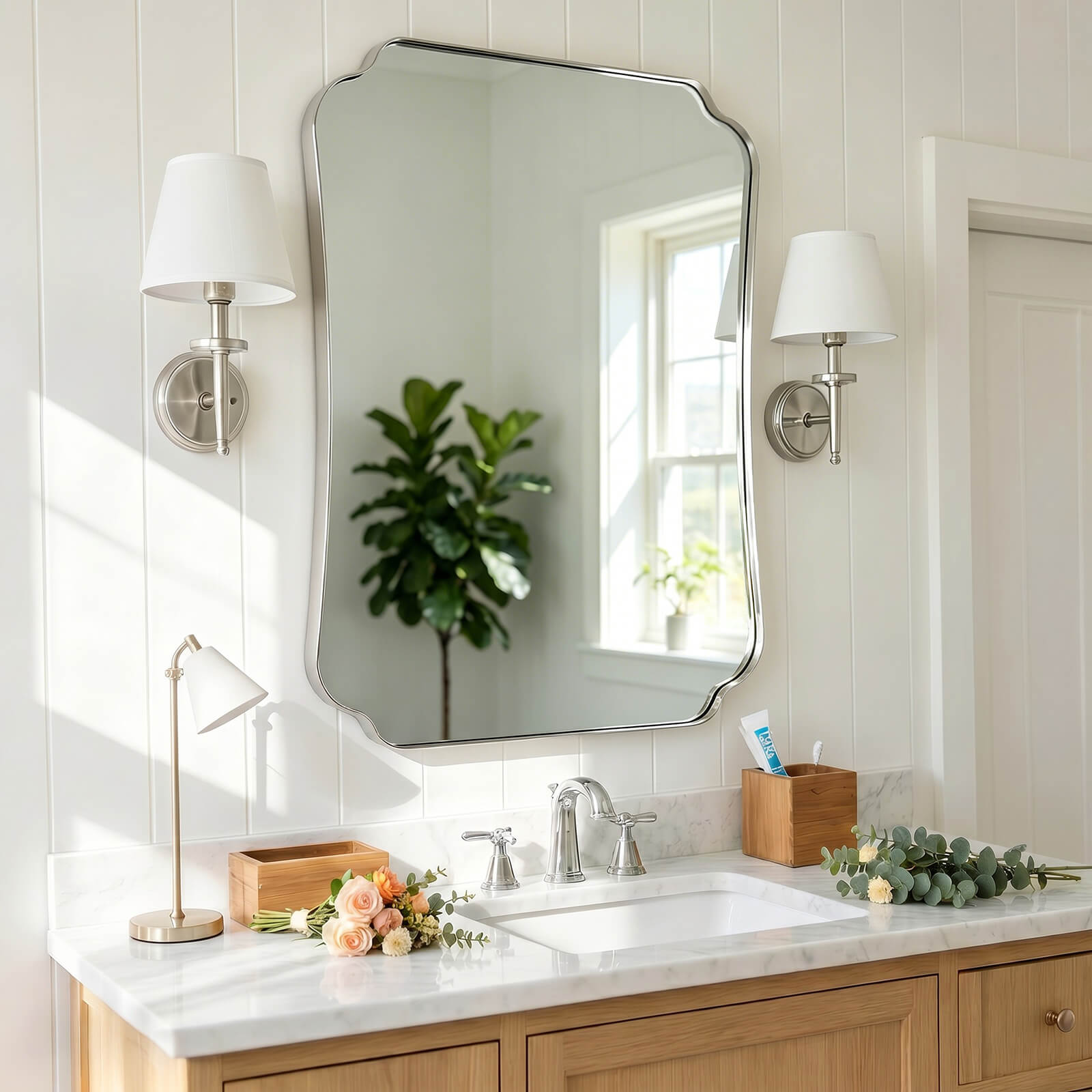 Contemporary Concave Edge Scalloped Bathroom Mirror Decorative | Stainless Steel Frame