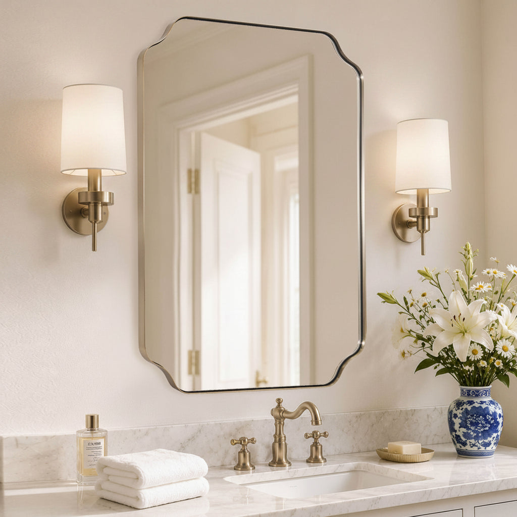 Contemporary Notched Corner Rectangle Scalloped Mirror for Wall /Bathroom | Stainless Steel Frame