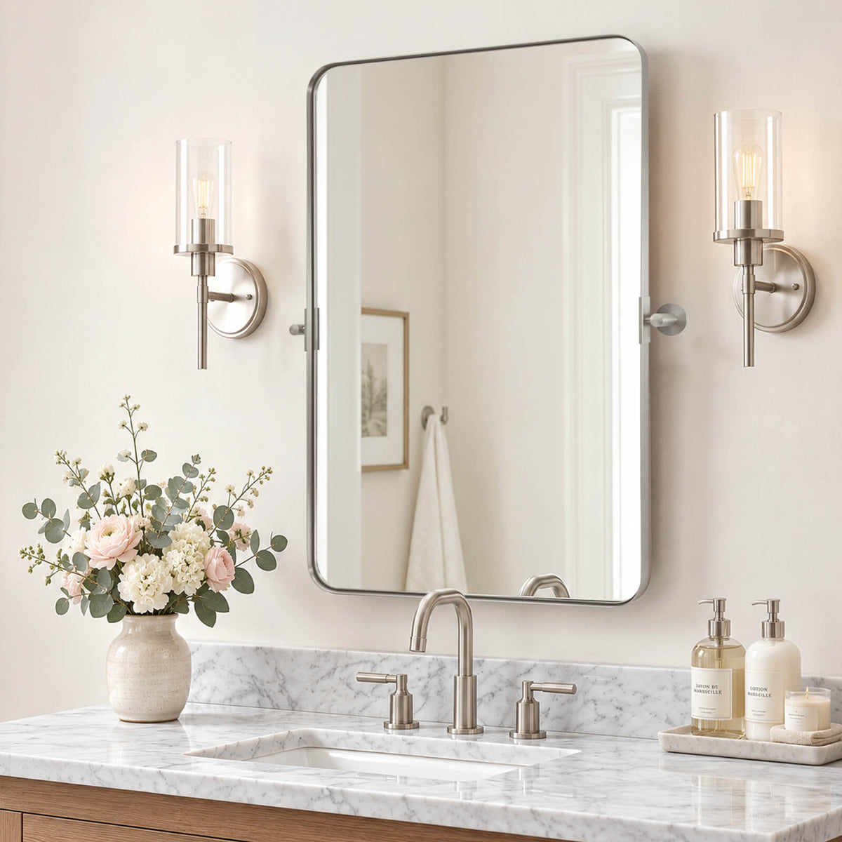 Tilting Rectangular Pivot Mirror for Bathroom/Vanity Floating Mirror | Stainless Steel Frame