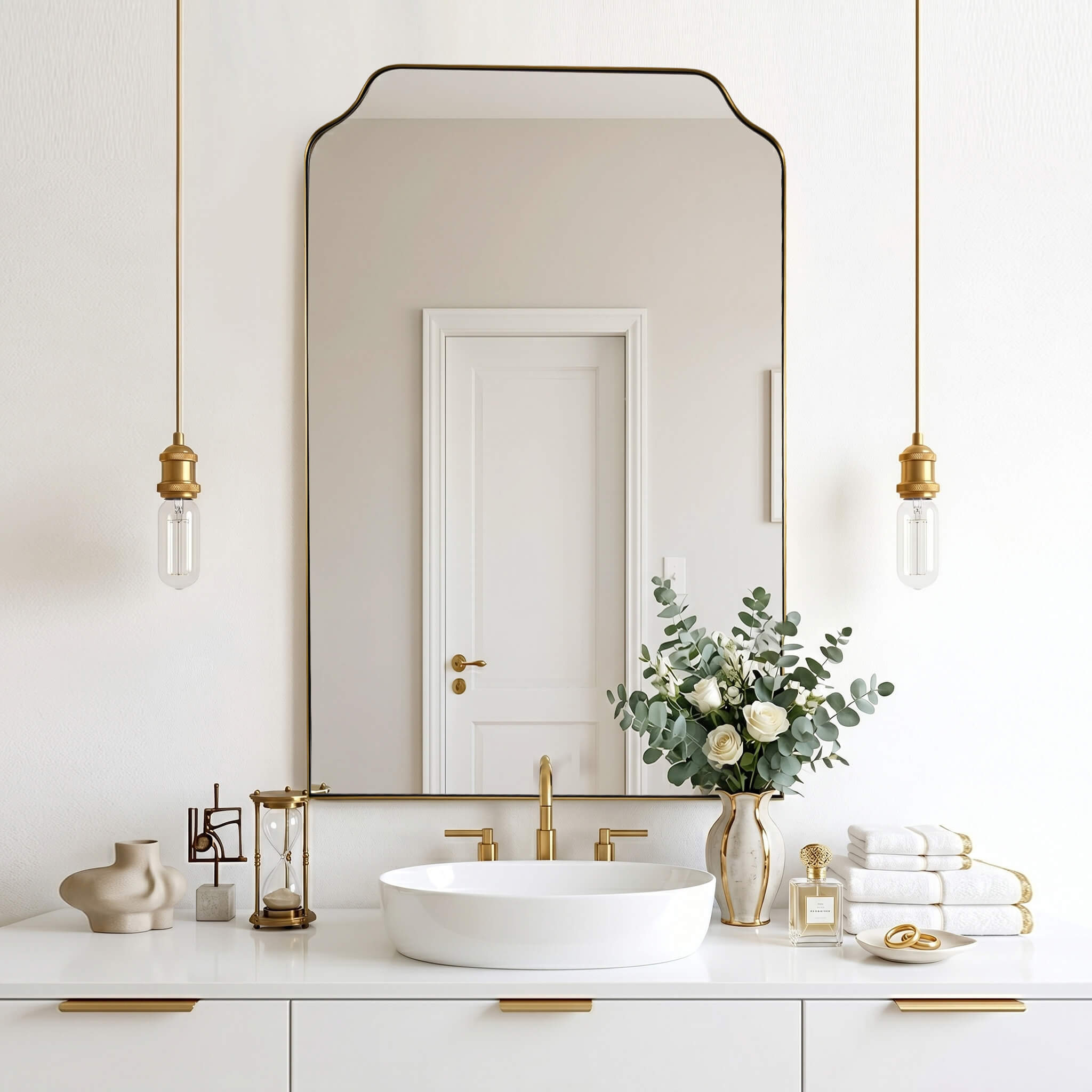 Modern Top Notched Corner Scalloped Bathroom Rectangle Vanity Wall Mirror | Stainless Steel Frame