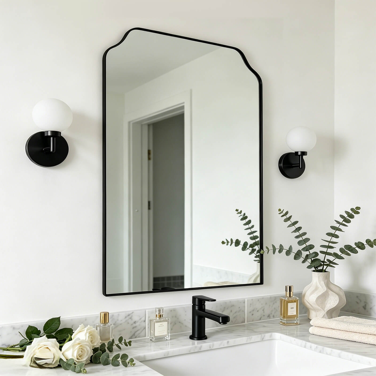 Modern Top Notched Corner Scalloped Bathroom Rectangle Vanity Wall Mirror | Stainless Steel Frame