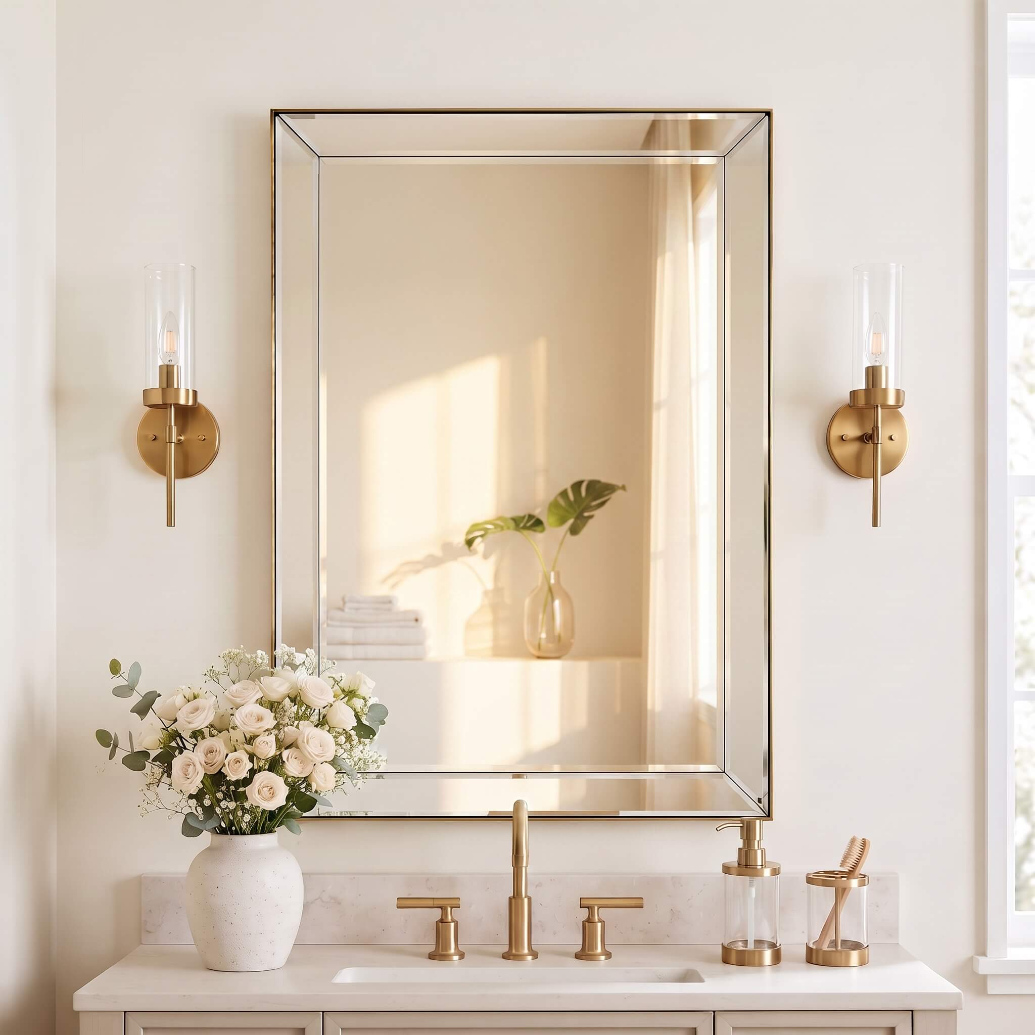 Contemporary Beveled Edge Rectangle Bathroom Vanity Mirror | Stainless Steel Frame
