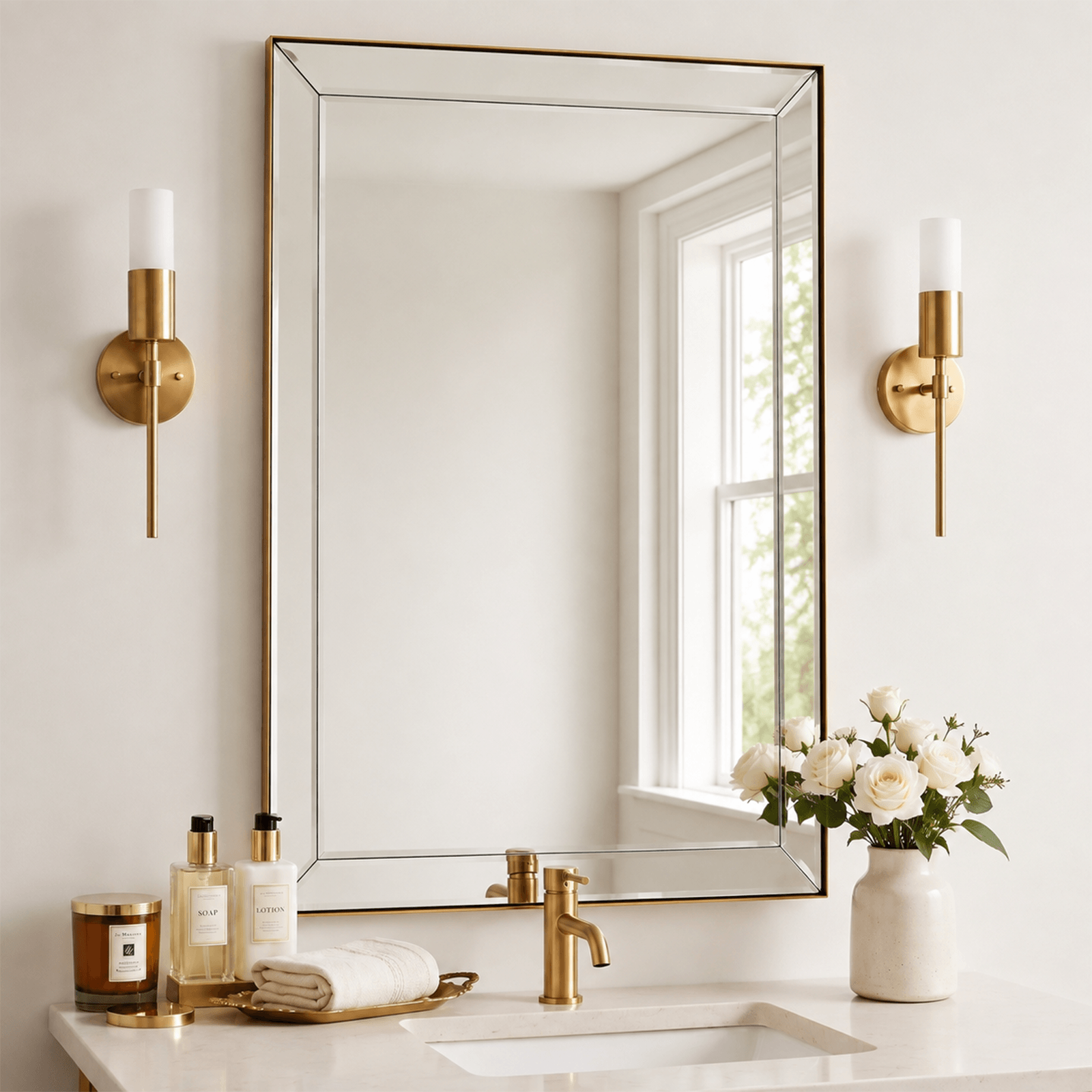 Contemporary Beveled Edge Rectangle Bathroom Vanity Mirror | Stainless Steel Frame
