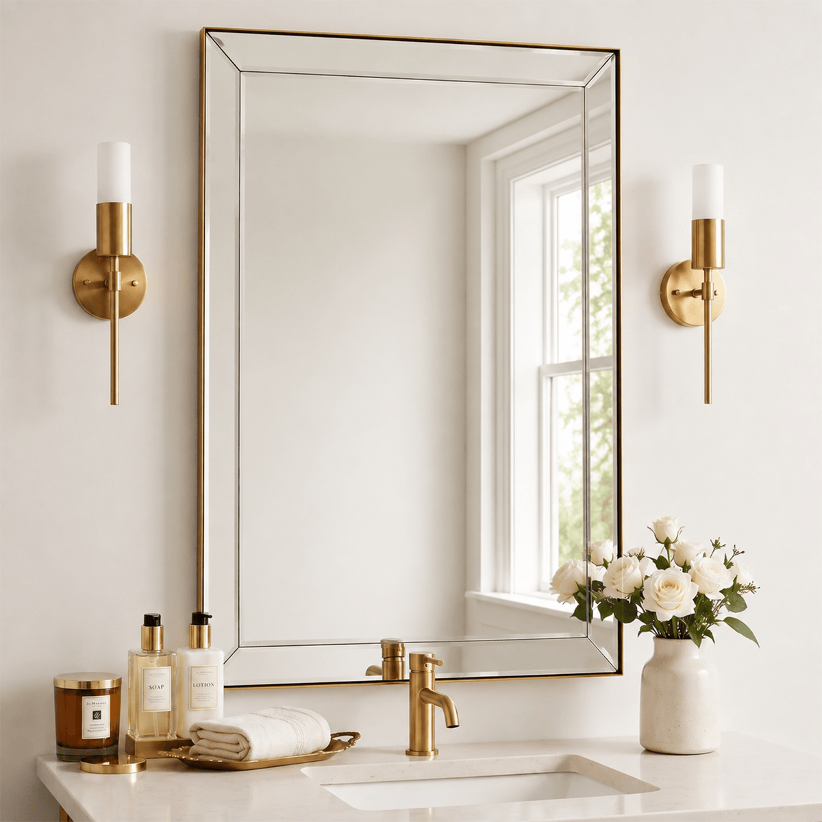 Luxury Beveled Glass Tiles Edge Rectangle Bathroom Vanity Mirror | Stainless Steel Frame