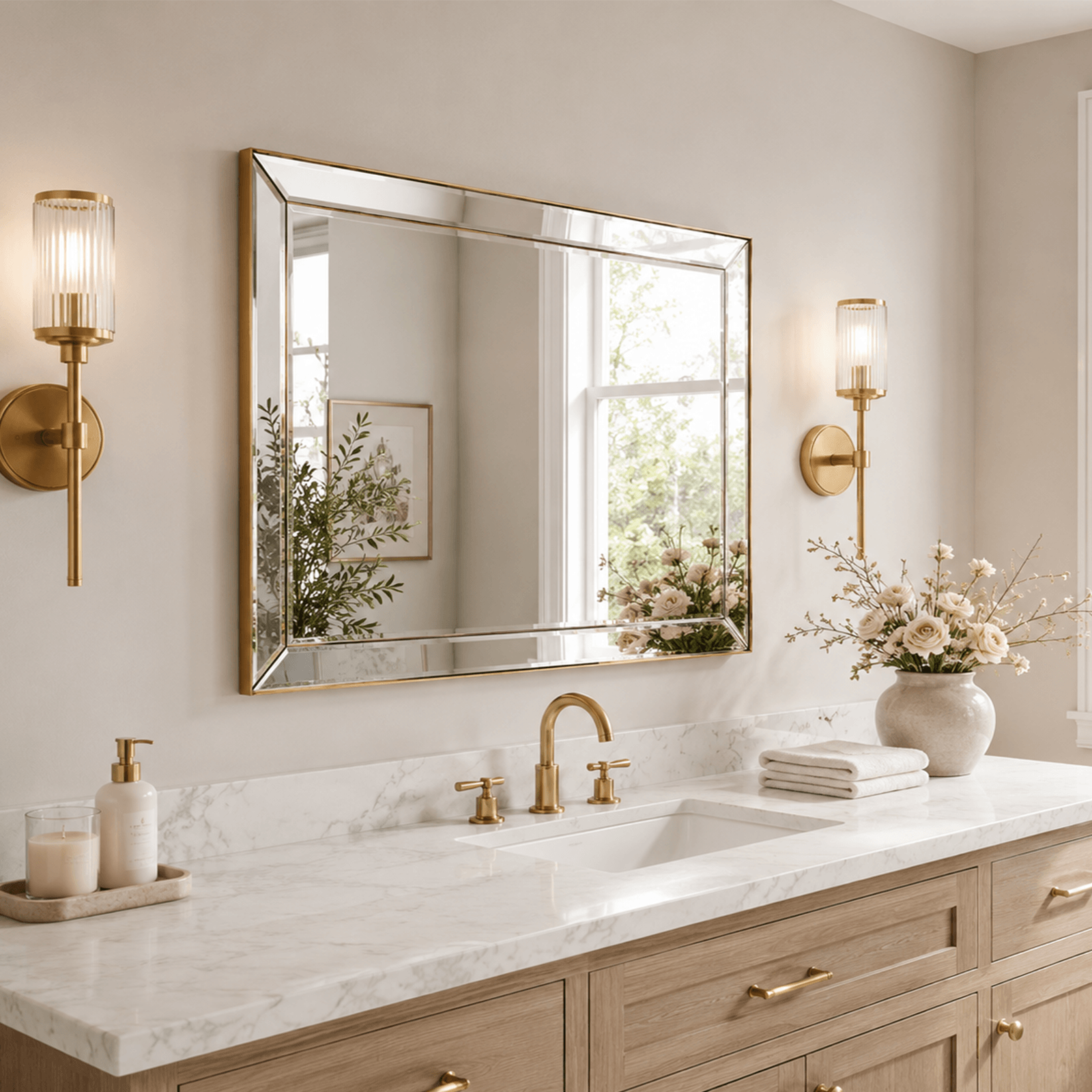 Contemporary Beveled Edge Rectangle Bathroom Vanity Mirror | Stainless Steel Frame