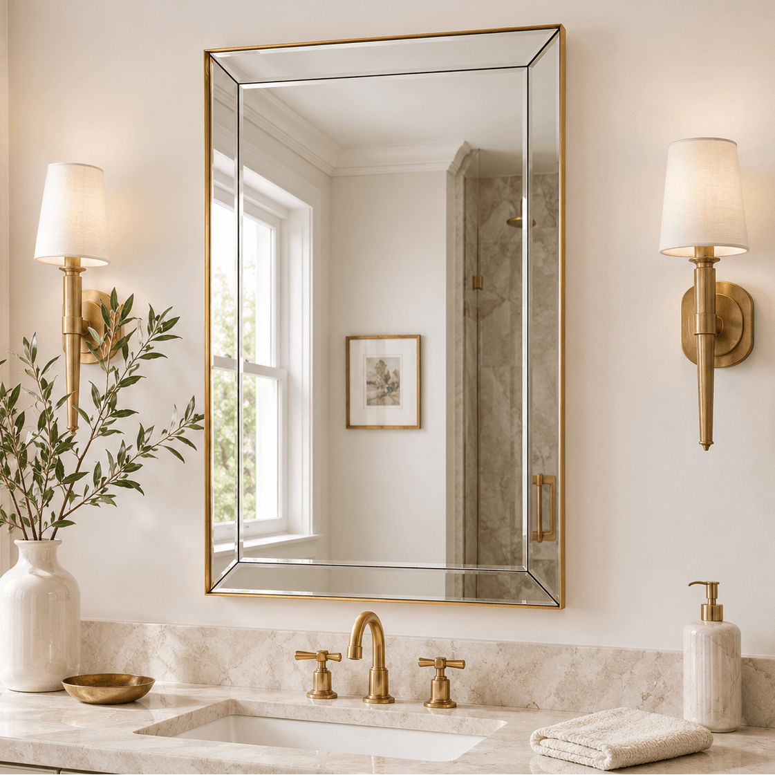 Contemporary Beveled Edge Rectangle Bathroom Vanity Mirror | Stainless Steel Frame