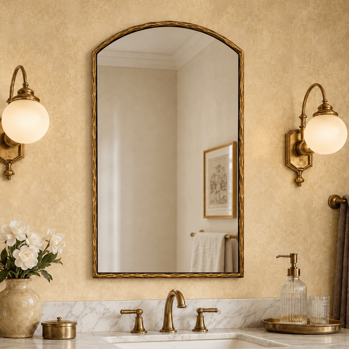Vintage Hand-Forged Arched Top Mirror Hammered Wrought Iron Wall Mirror