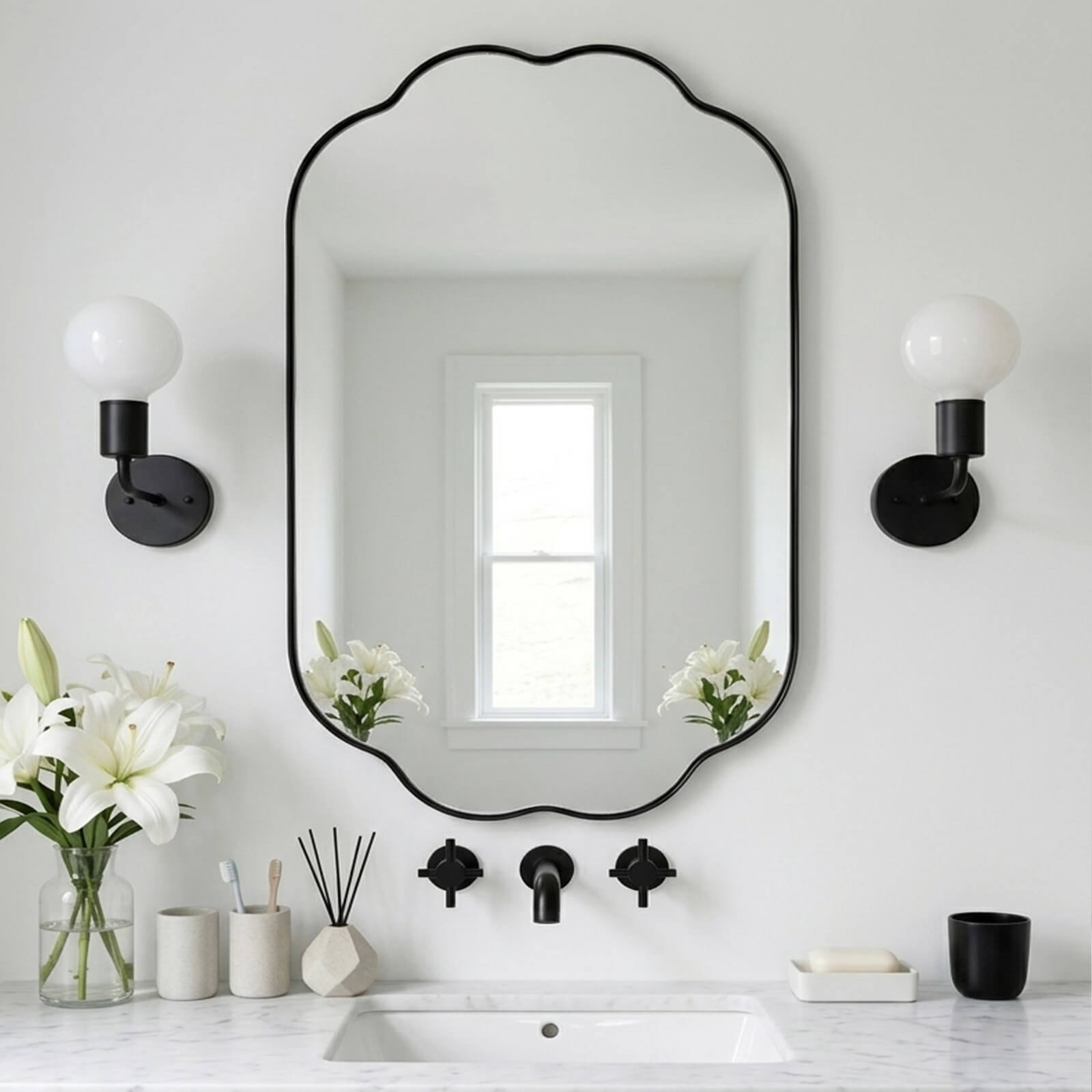 Contemporary Pill Shaped Long Oval Scalloped Bathroom Vanity Wall Mirror| Stainless Steel Framed