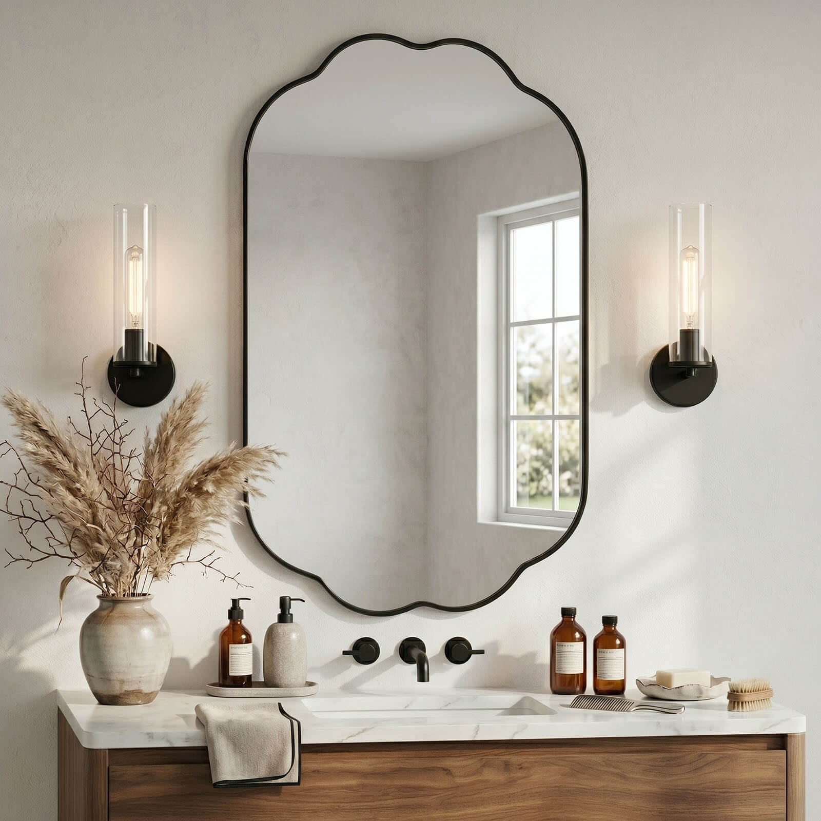 Contemporary Pill Shaped Long Oval Scalloped Bathroom Vanity Wall Mirror| Stainless Steel Framed