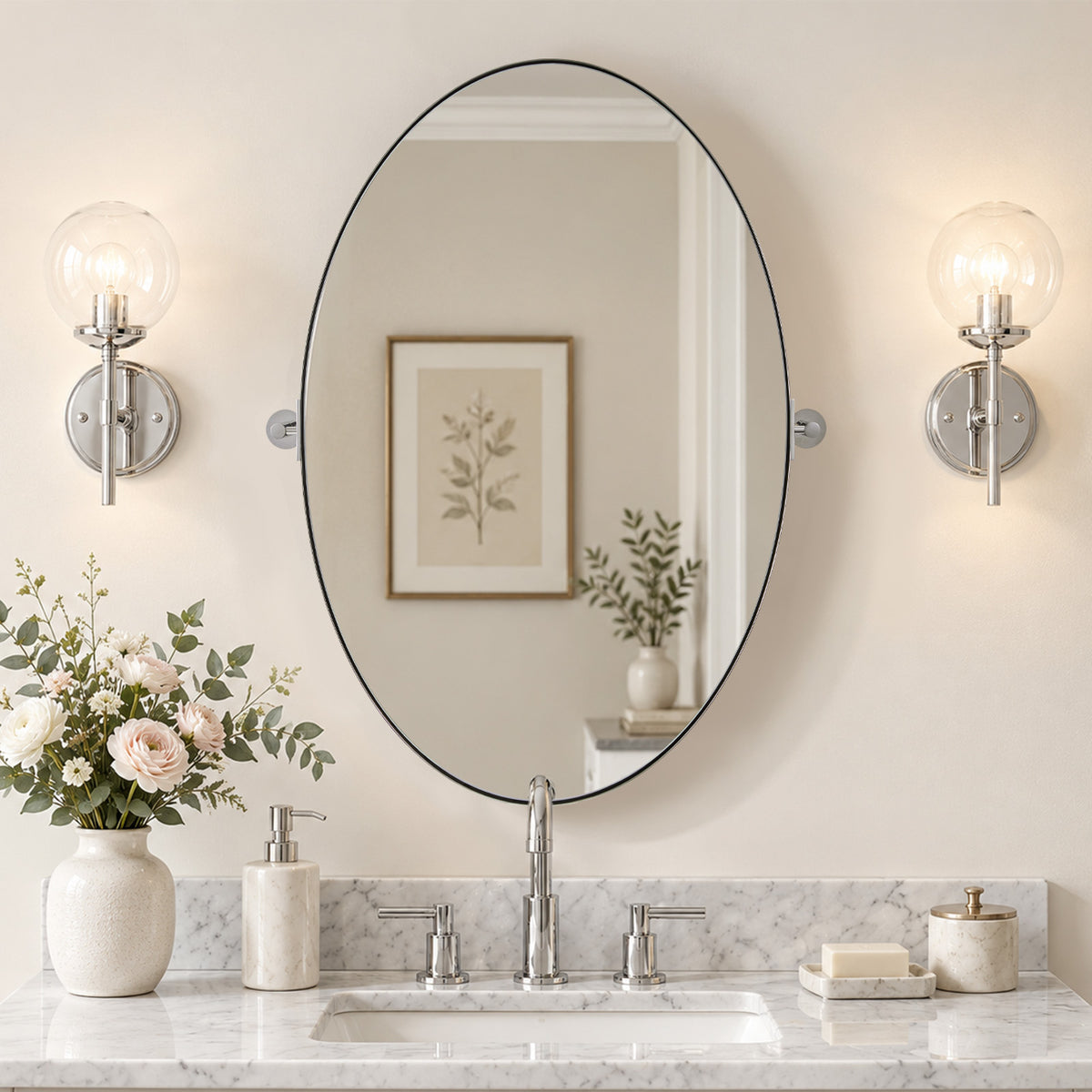 Oval Pivot Mirrors Adjustable Tilting Angle Floating Bathroom Mirror| Stainless Steel Framed