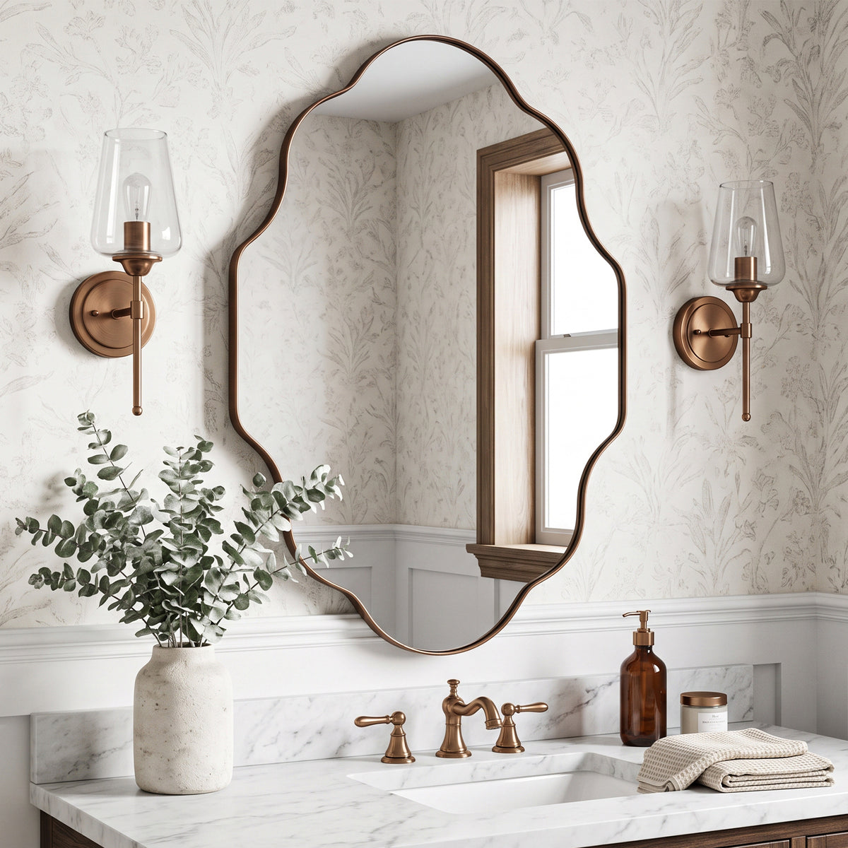 Modern Scalloped Oval Bathroom Vanity Mirror Wavy Wall Mirror | Stainless Steel Frame