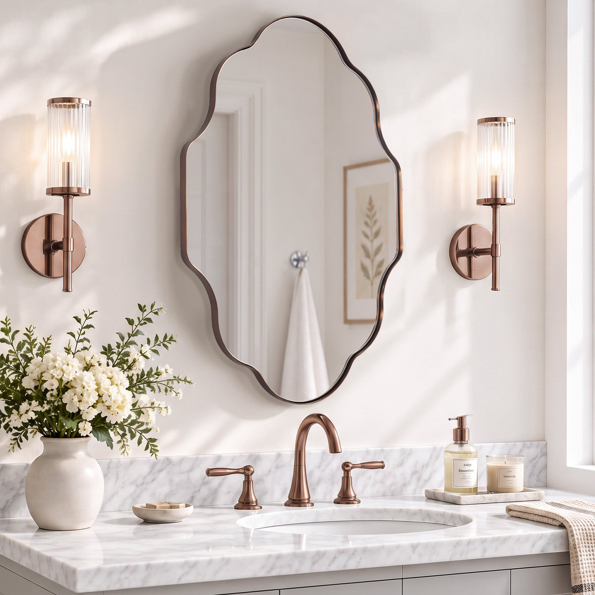 Modern Scalloped Oval Bathroom Vanity Mirror Wavy Wall Mirror | Stainless Steel Frame