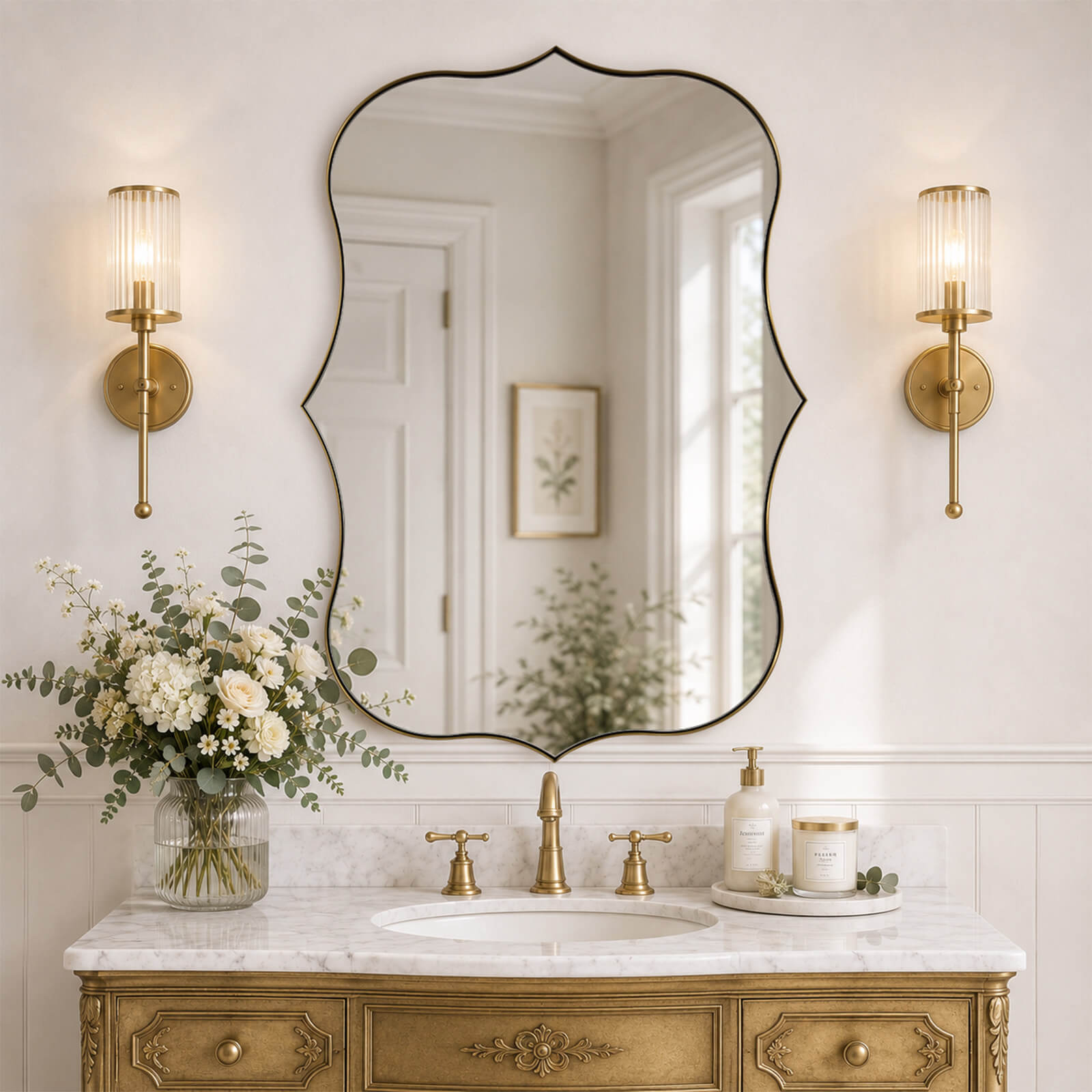 Antique Scalloped Wavy Curved Rectangle Decorative Vanity Mirror | Stainless Steel Frame
