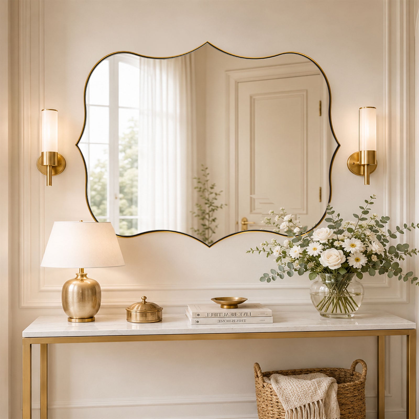 Antique Scalloped Wavy Curved Rectangle Decorative Vanity Mirror | Stainless Steel Frame