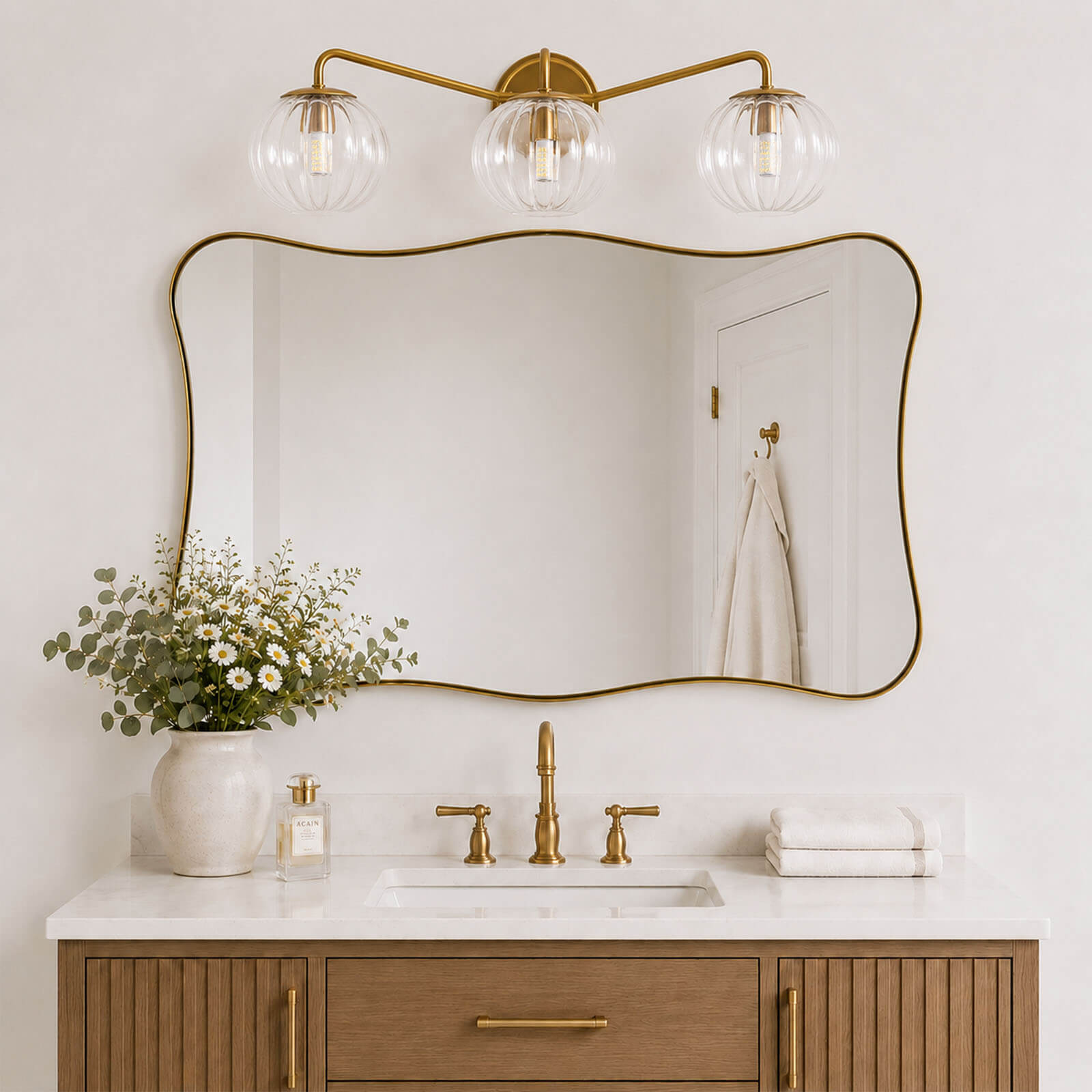 Contemporary Wavy Rectangle Scalloped Bathroom Wall Mirror | Stainless Steel Frame
